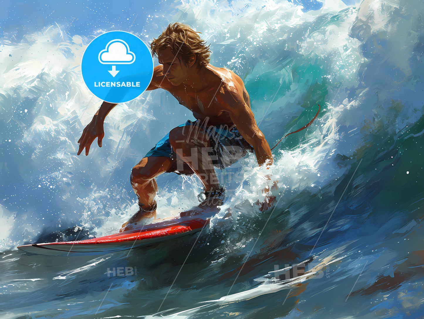 A Beautiful Woman Riding A Surf Board, A Man Surfing In The Ocean