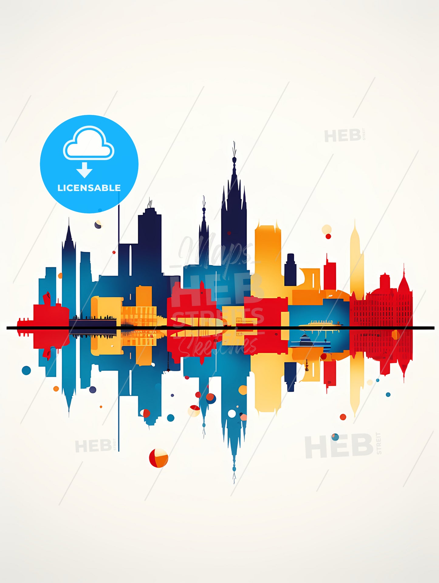 Minimalist Barcelona Skyline, A Colorful City Skyline With Reflection