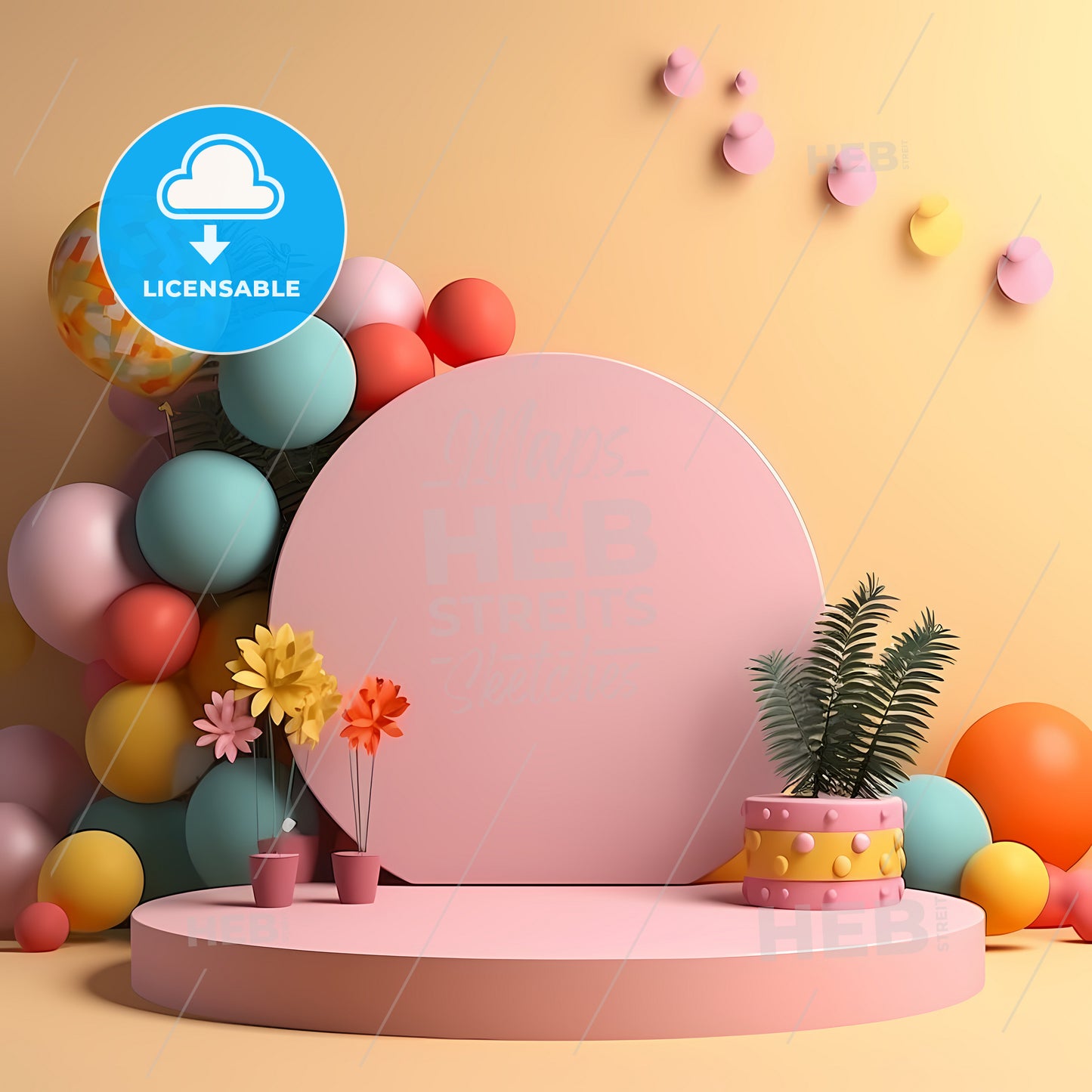 3D Background Happy Birthday, A Pink Podium With Flowers And Balloons