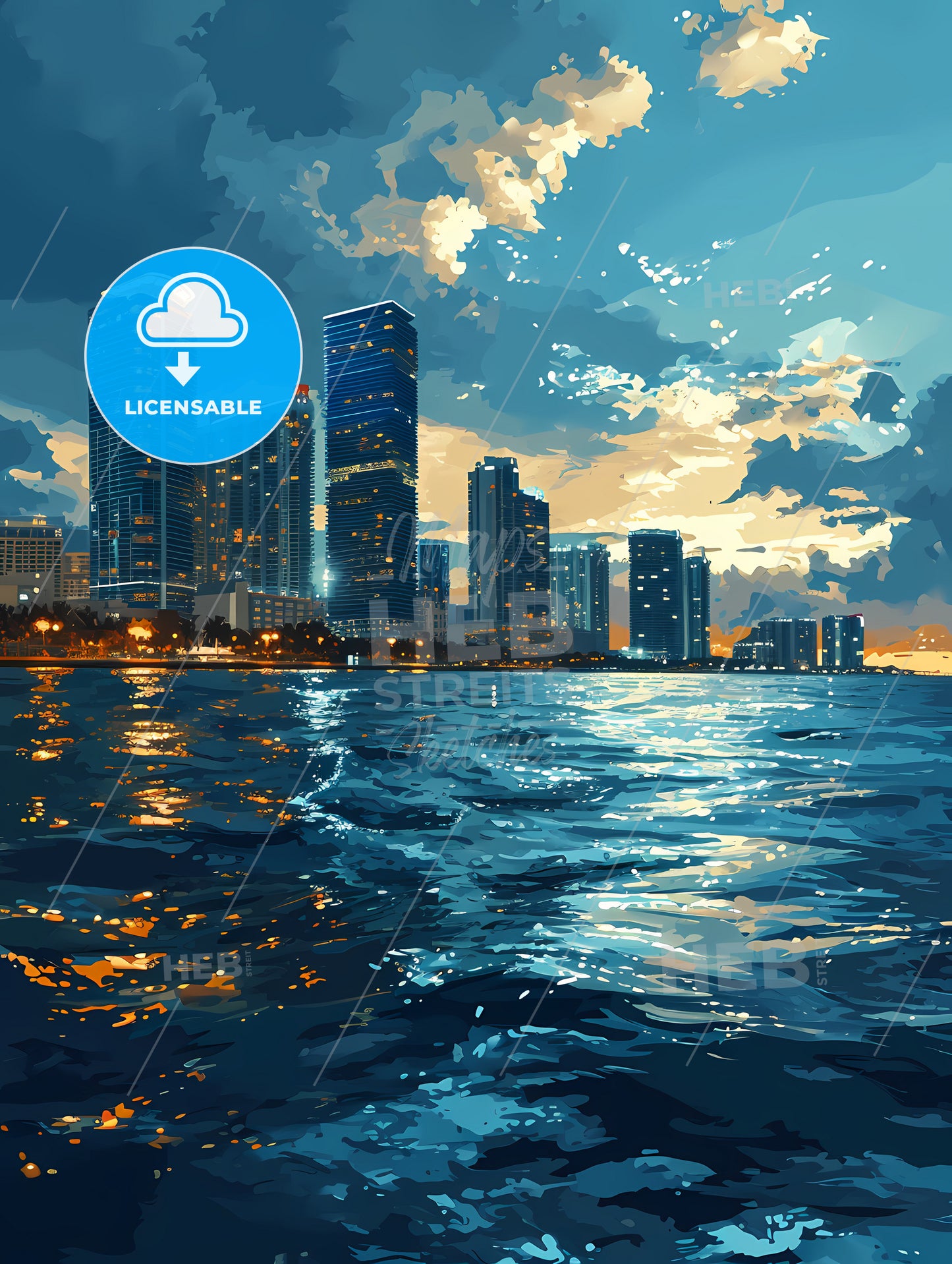 Miami Skyline, A City Skyline With Water And Clouds