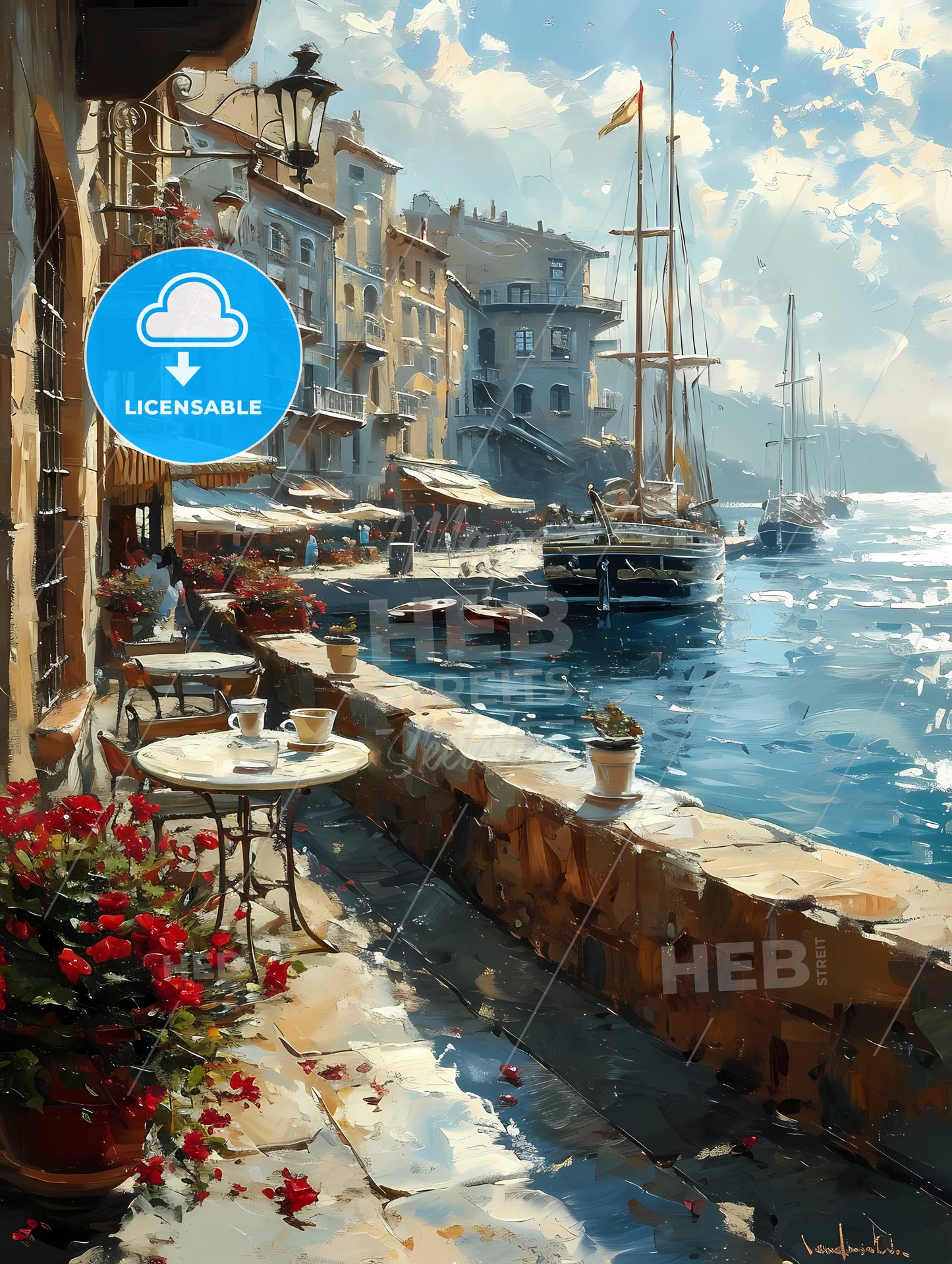 A Beautiful Woman Is Drinking Coffee, A Waterfront With Boats And Tables