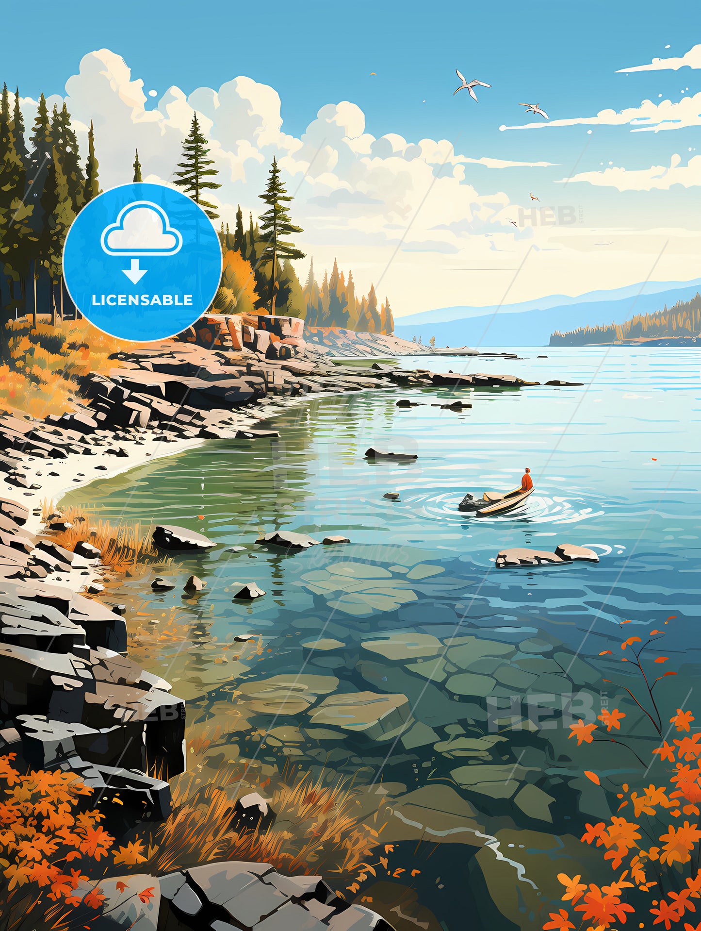 Lake Superior Canada, A Rocky Shore With Trees And A Boat