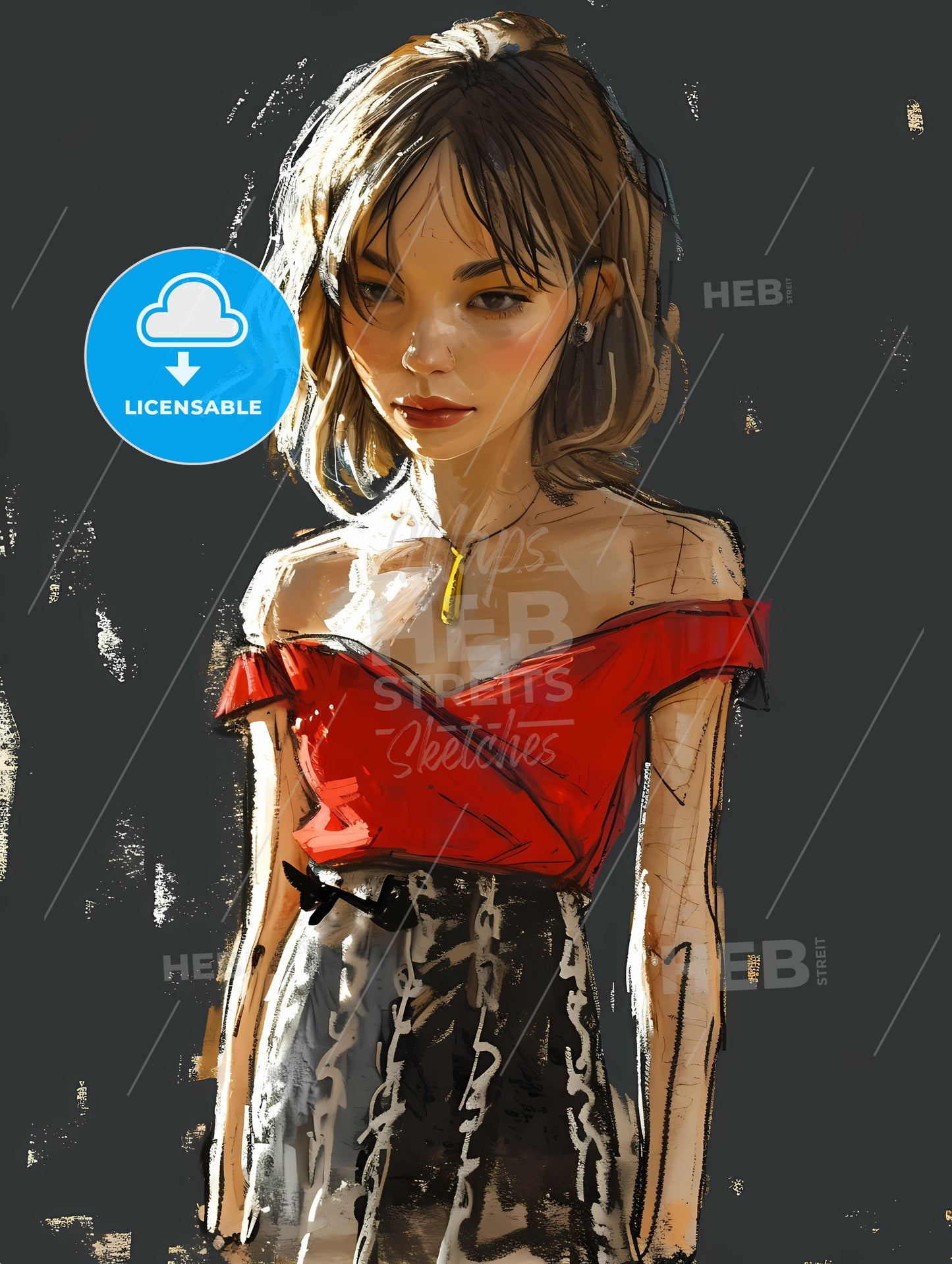 Cartoon Illustration Of A Beautiful Woman, A Woman In A Red Top And Black Skirt