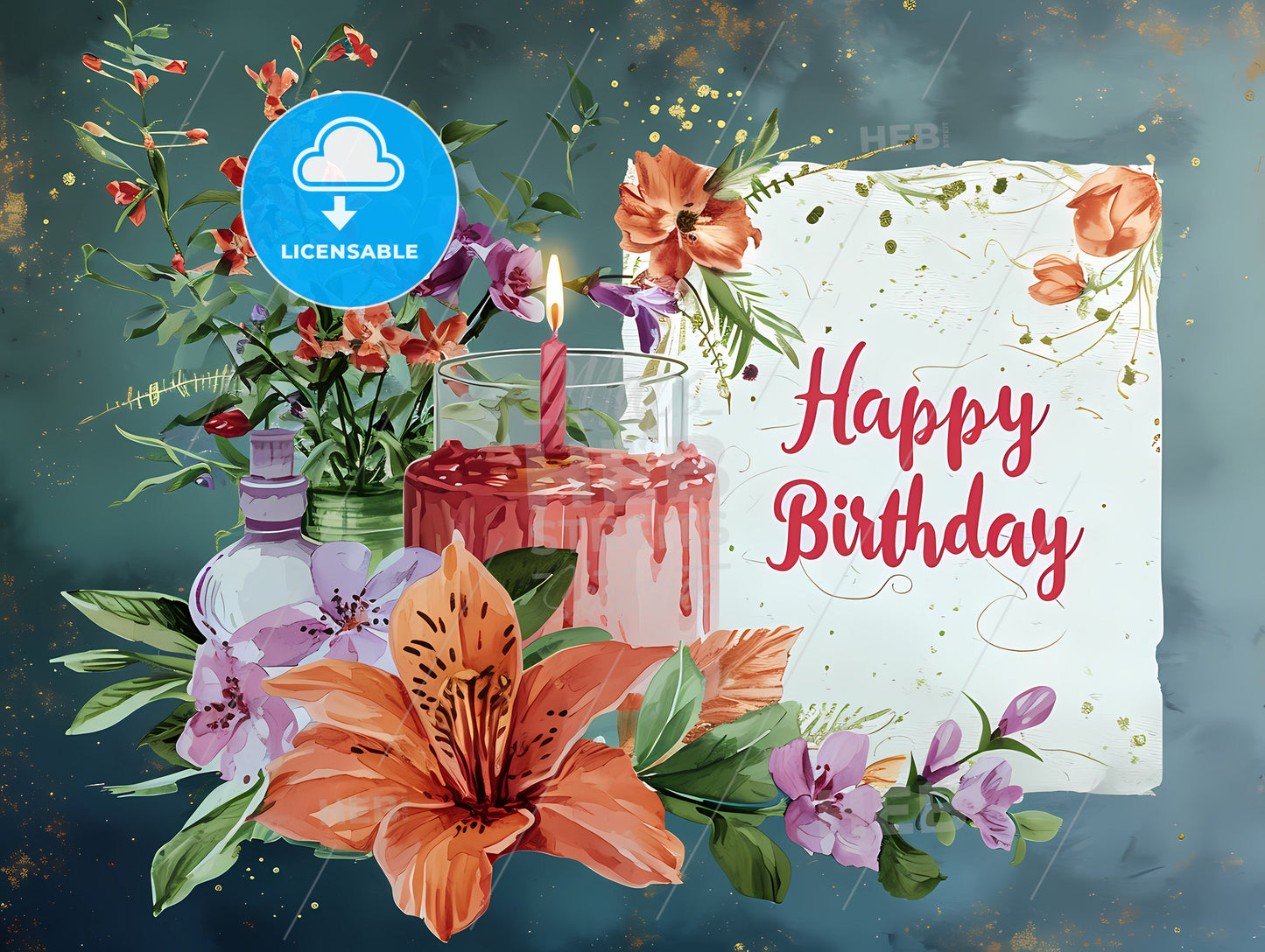 Pink Happy Birthday Wallpaper, A Birthday Card With Flowers And A Candle