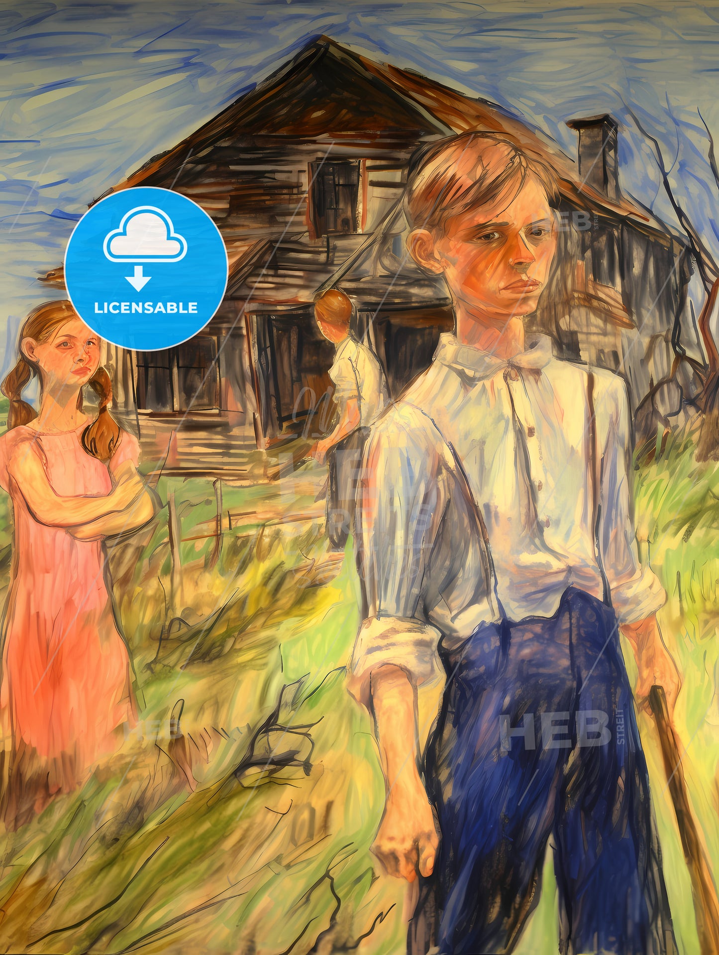 In A Country Side, A Painting Of A Boy And Girl In Front Of A House