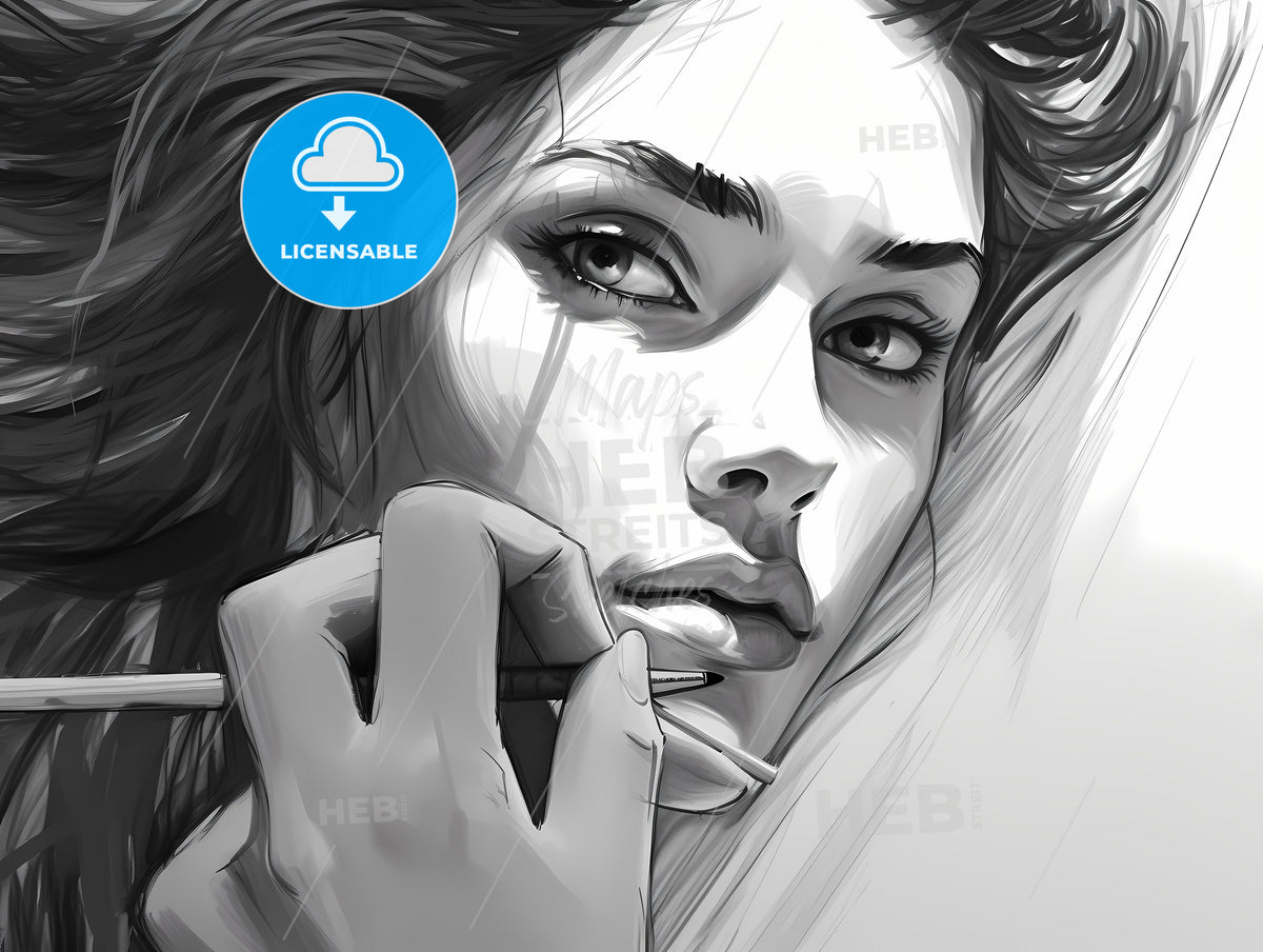 Super Close Up Of Stylized Paint Brush, A Woman With A Pencil In Her Hand