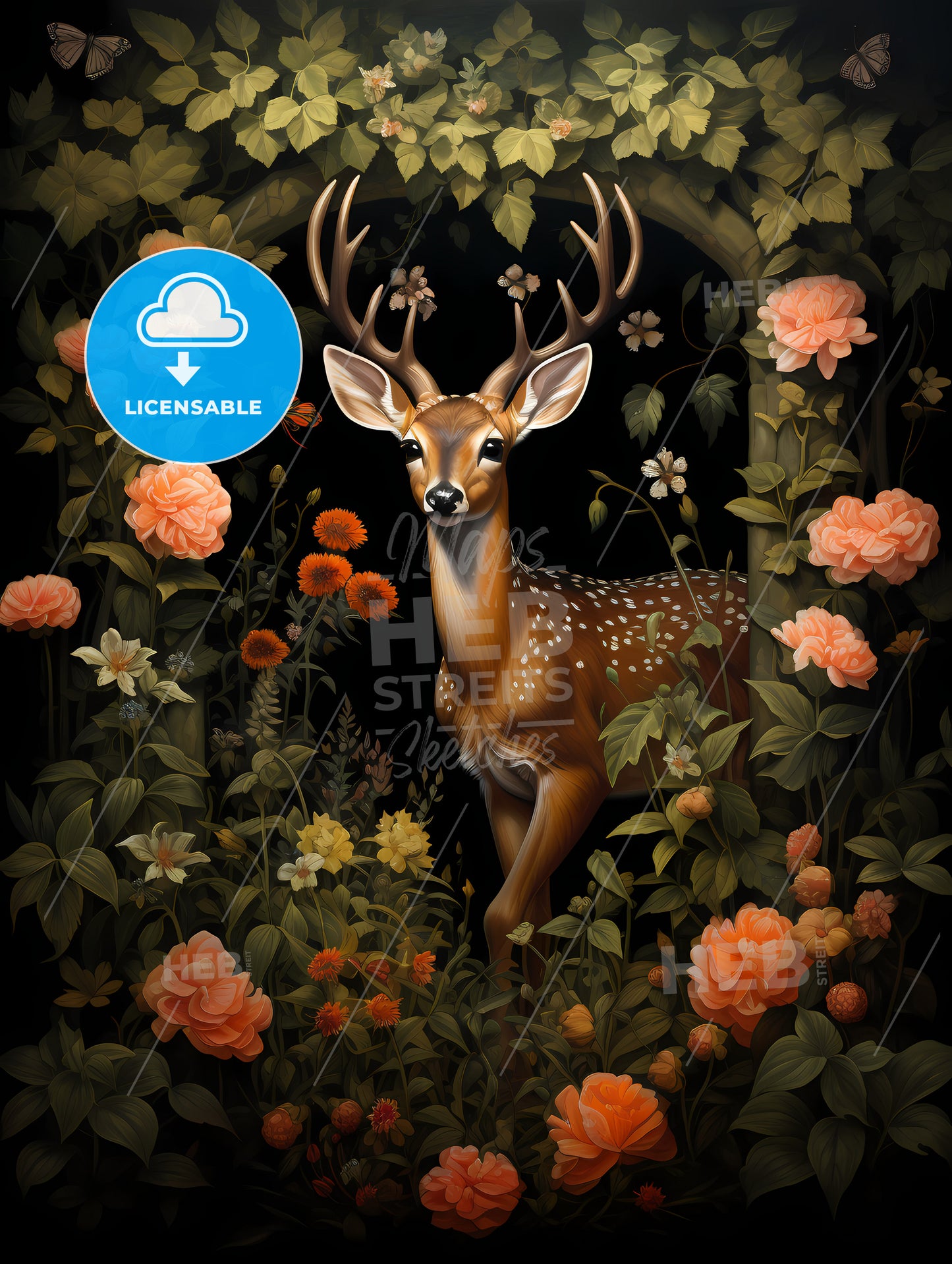 The Deer Is Standing By A Tree, A Deer In A Garden
