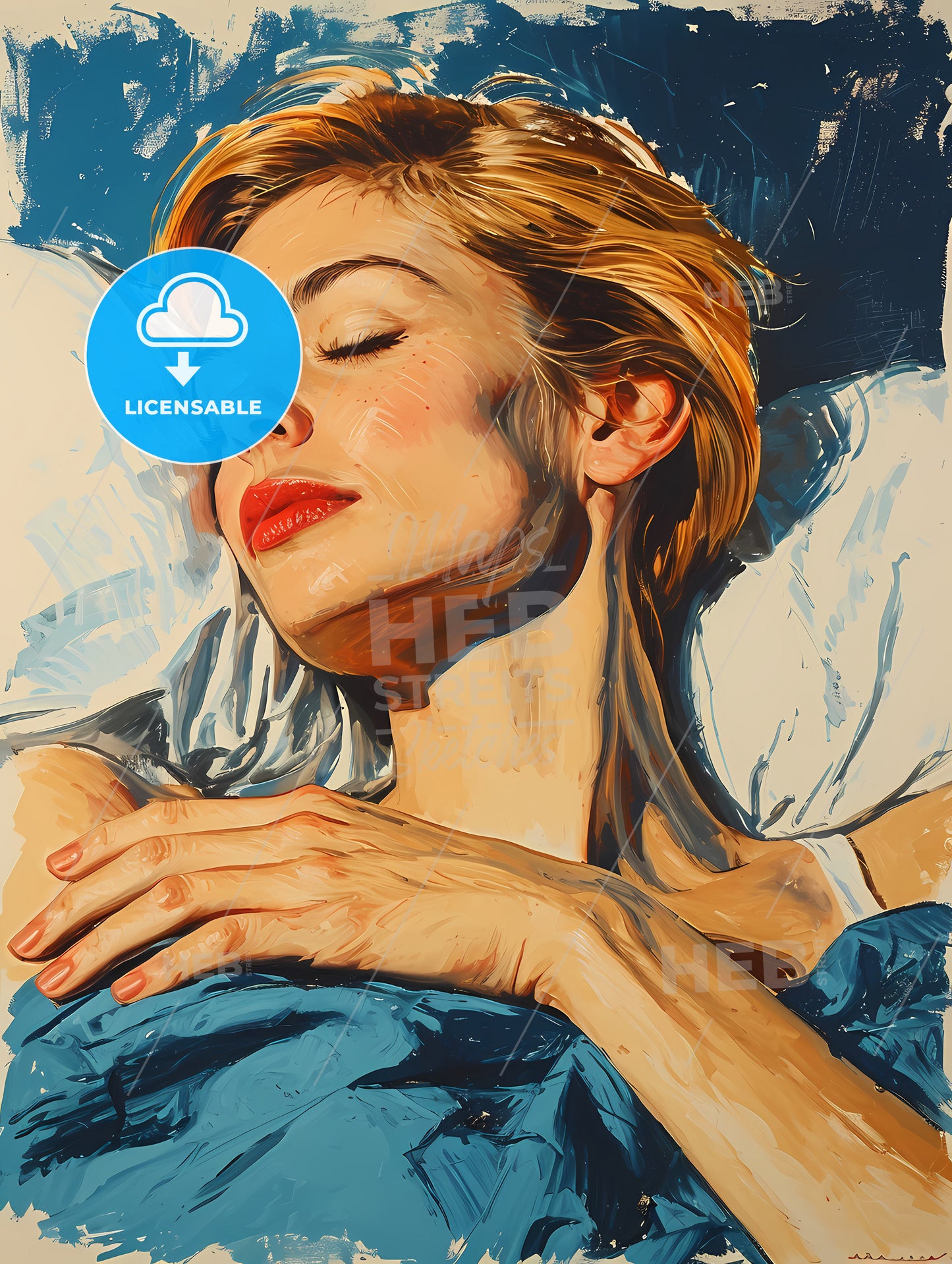 Painted Portrait Of Woman In Bed, A Woman Sleeping In Bed