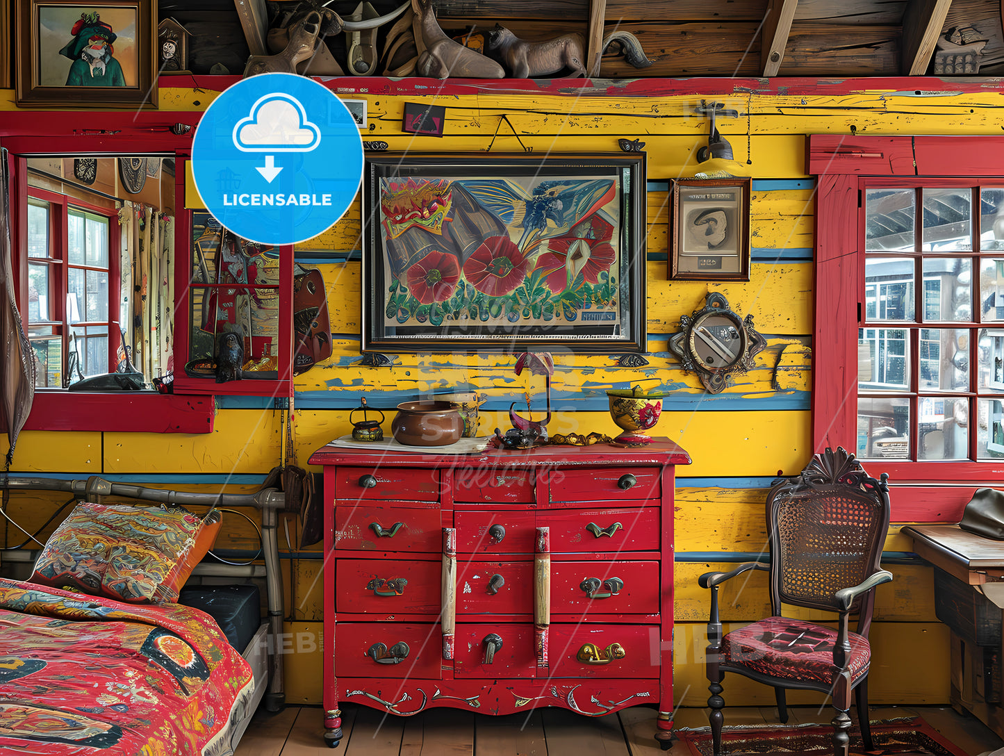 A Large Horizontal Picture On The Wall, A Room With A Dresser And Mirror