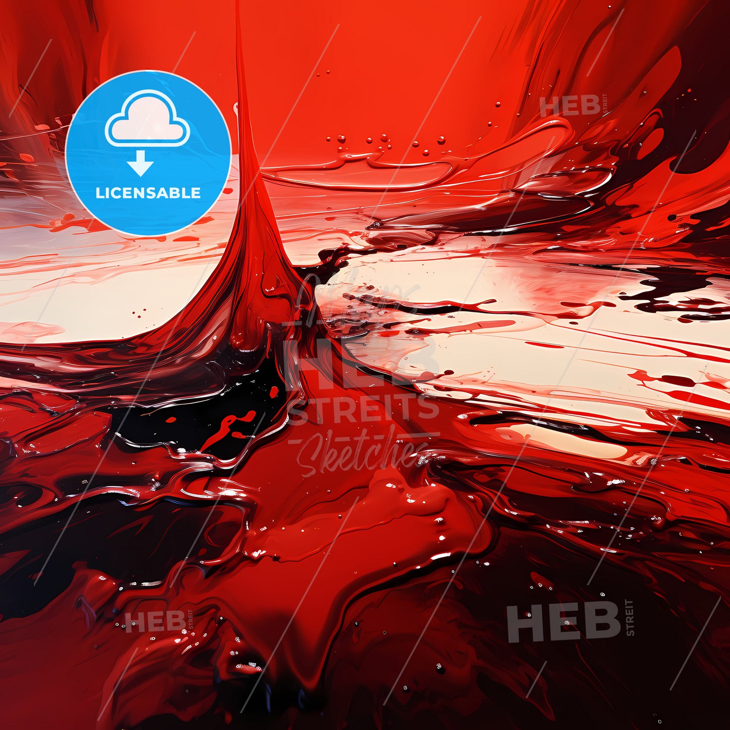 An Abstract Painting In Red, A Red Liquid With Black And White Colors