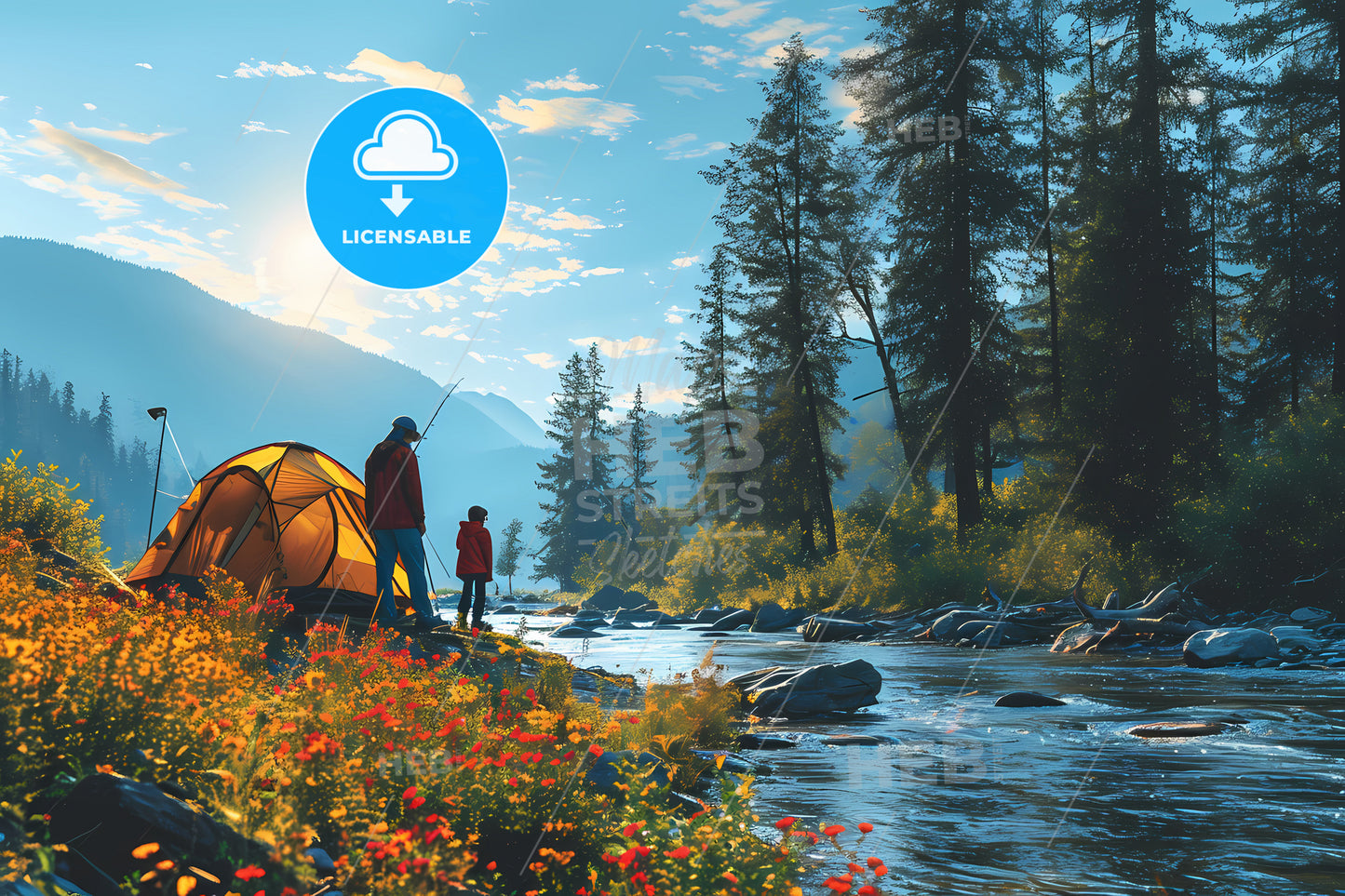 Family Camping And Fishing, A Man And Child Fishing In A River