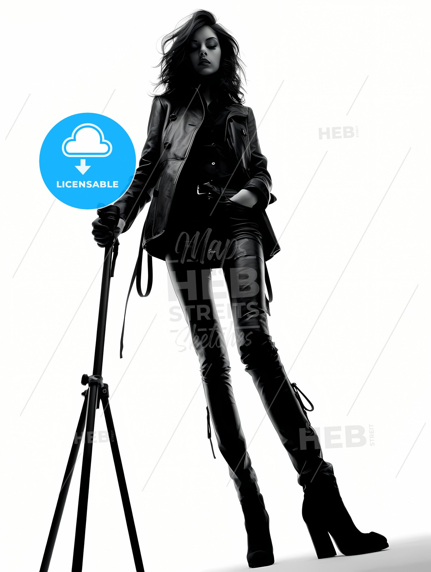 Girl Model Shooting Low Angle Shot, A Woman In Leather Clothes And A Black Hat