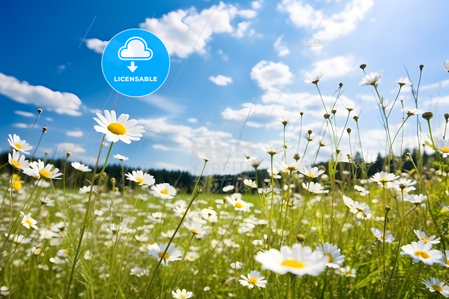 Field Of Spring Daisies And Blue Sky, A Field Of White Flowers