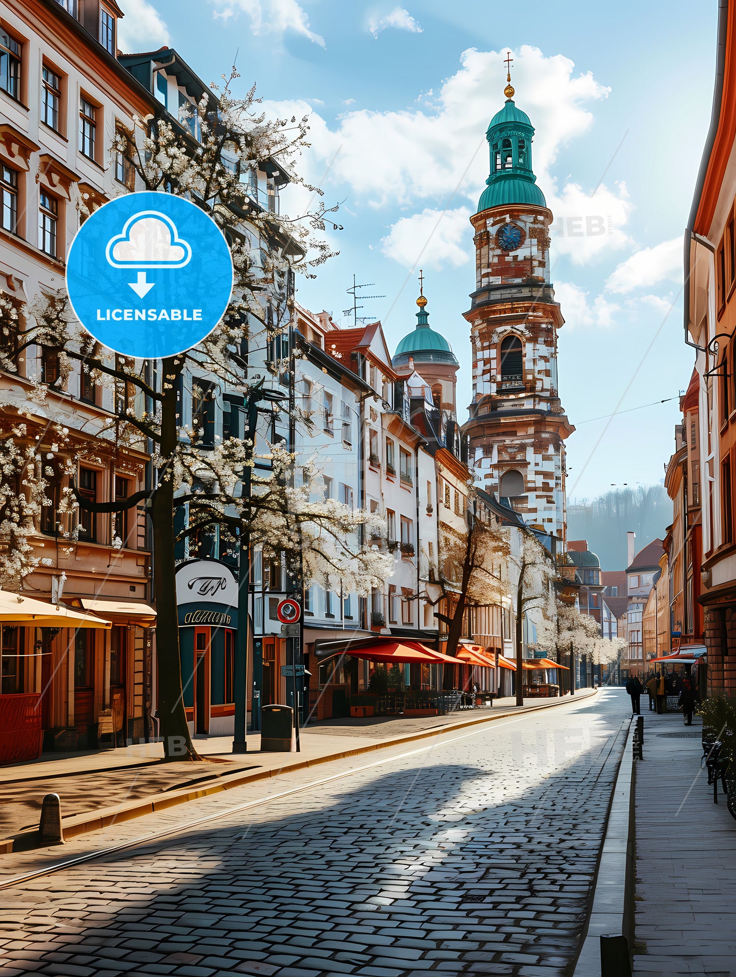 Darmstadt Hesse Germany Skyline, A Street With Buildings And A Clock Tower