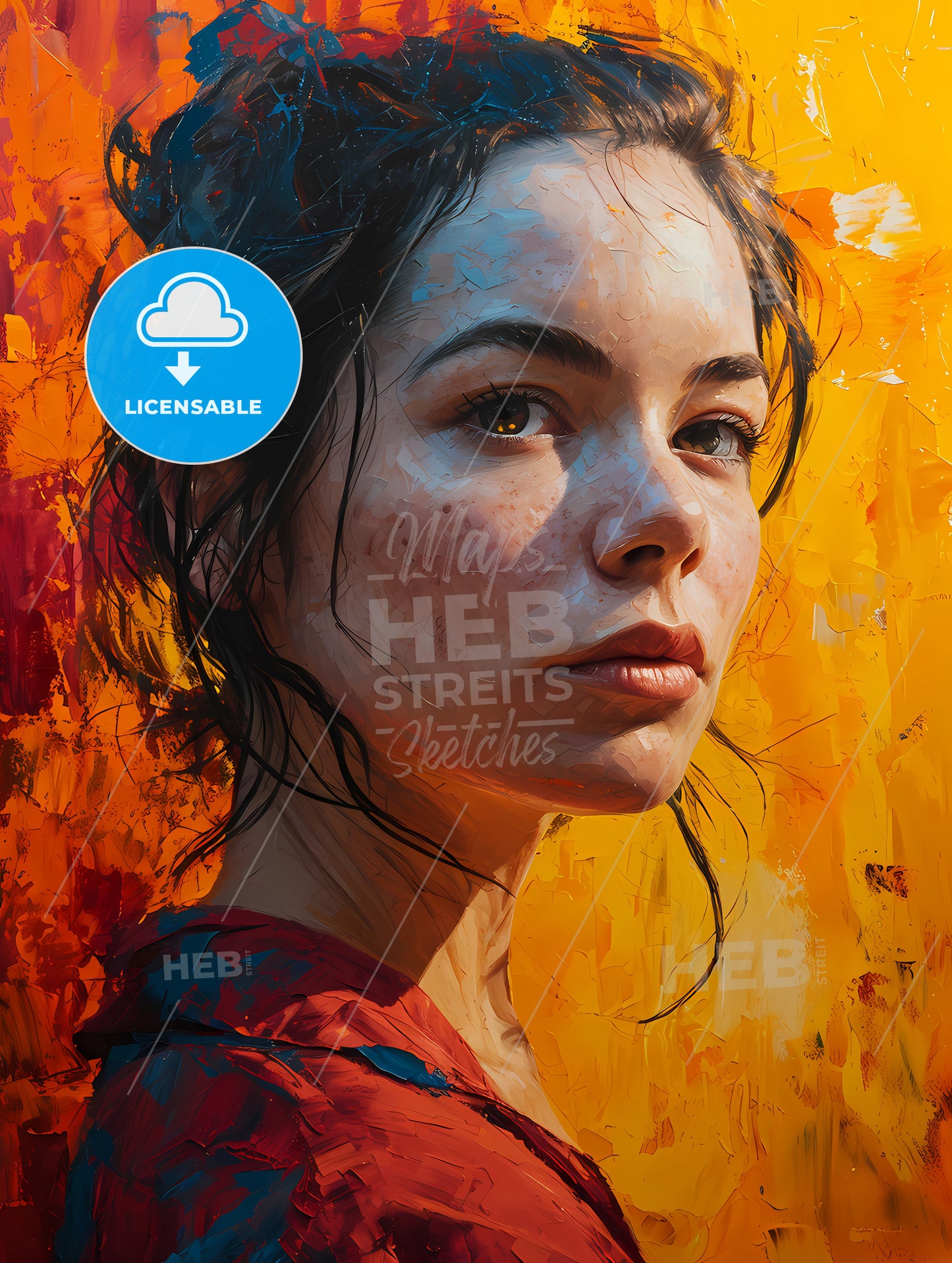 Painted Portrait Of Woman In Bed, A Woman With Freckles And Red Shirt