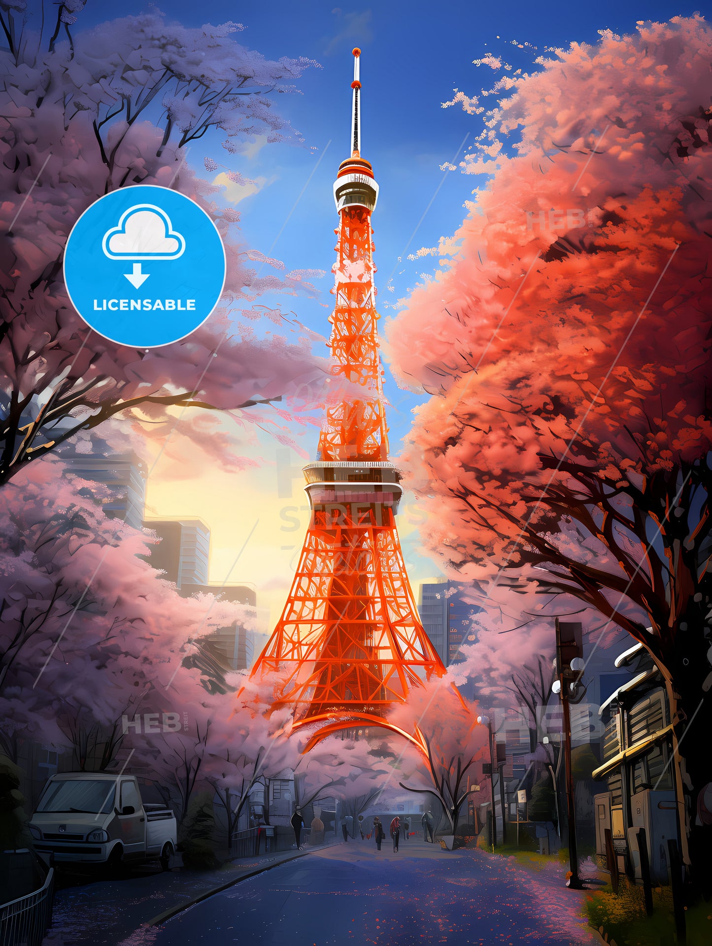 A Painting Of The Tokyo Tower, Tokyo Tower With Trees In The Background