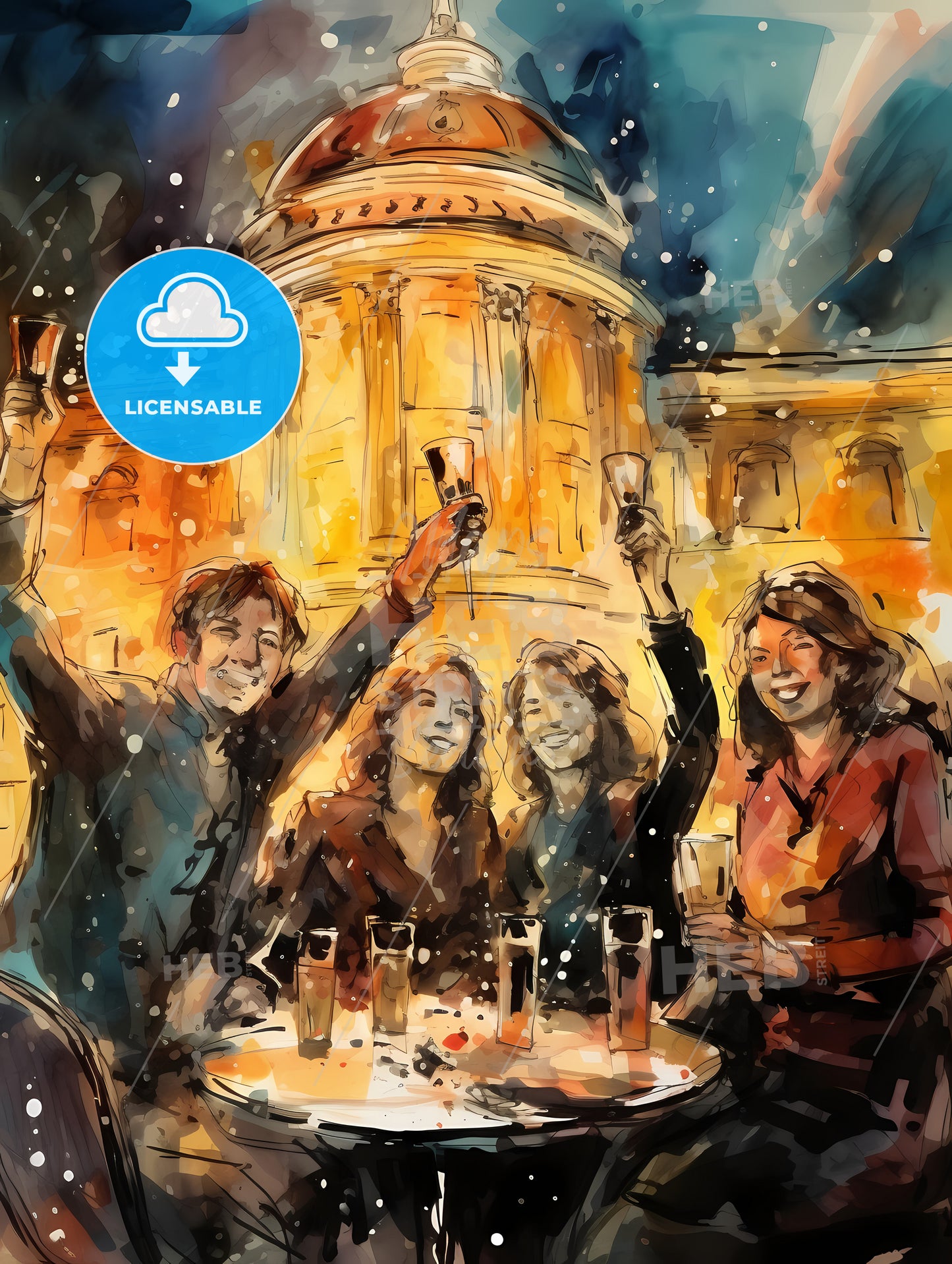 Happy People Celebrating New Years Eve, A Group Of People Sitting At A Table With Drinks