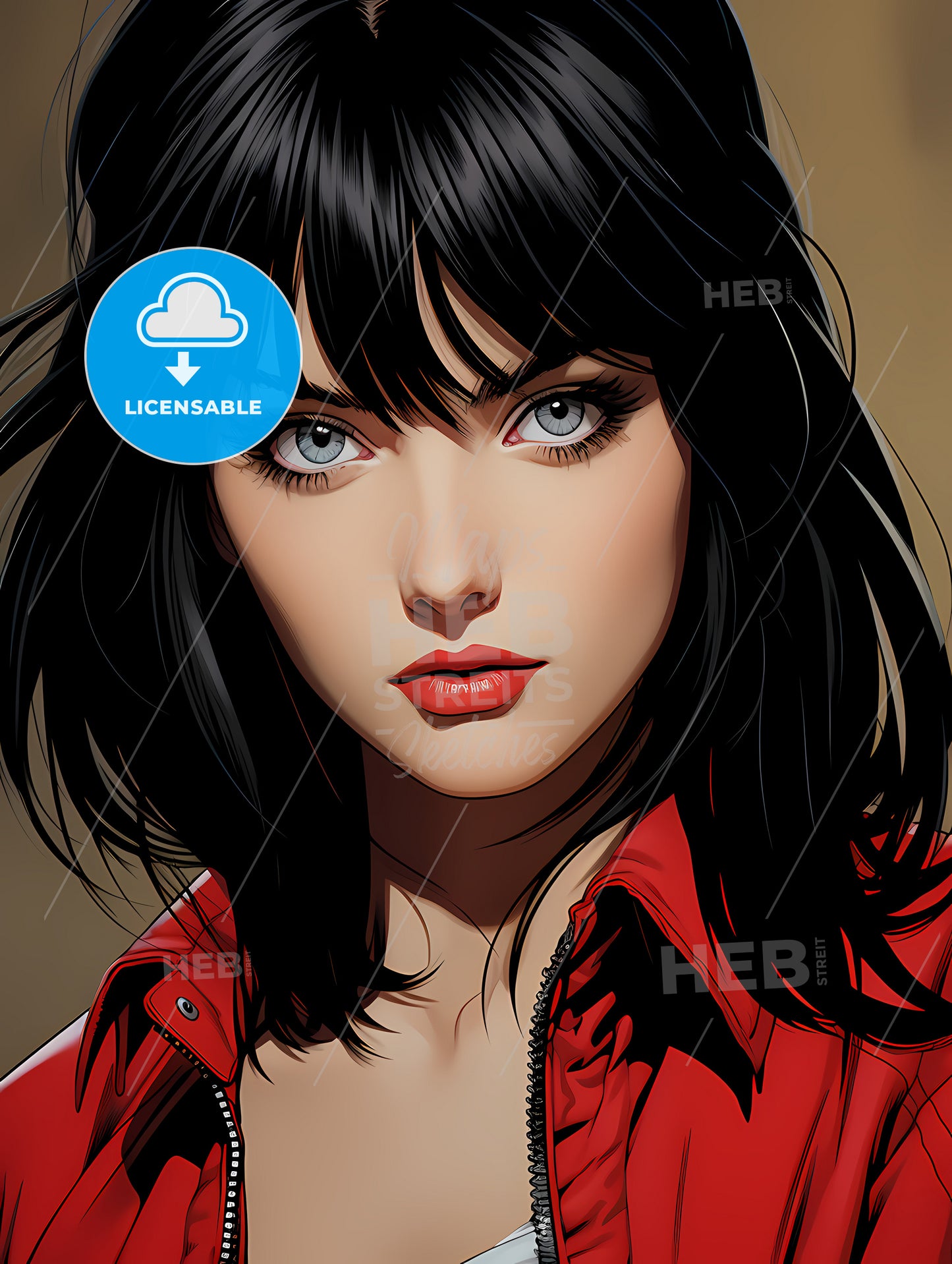 Illustration Manga, A Woman With Black Hair And Red Jacket