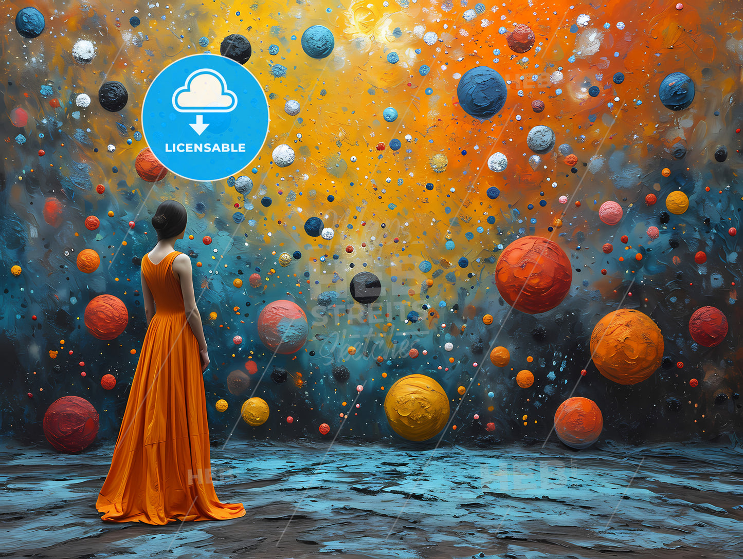 Atelier Of Ugly Sweaters, A Woman In A Long Dress Standing In Front Of A Colorful Background