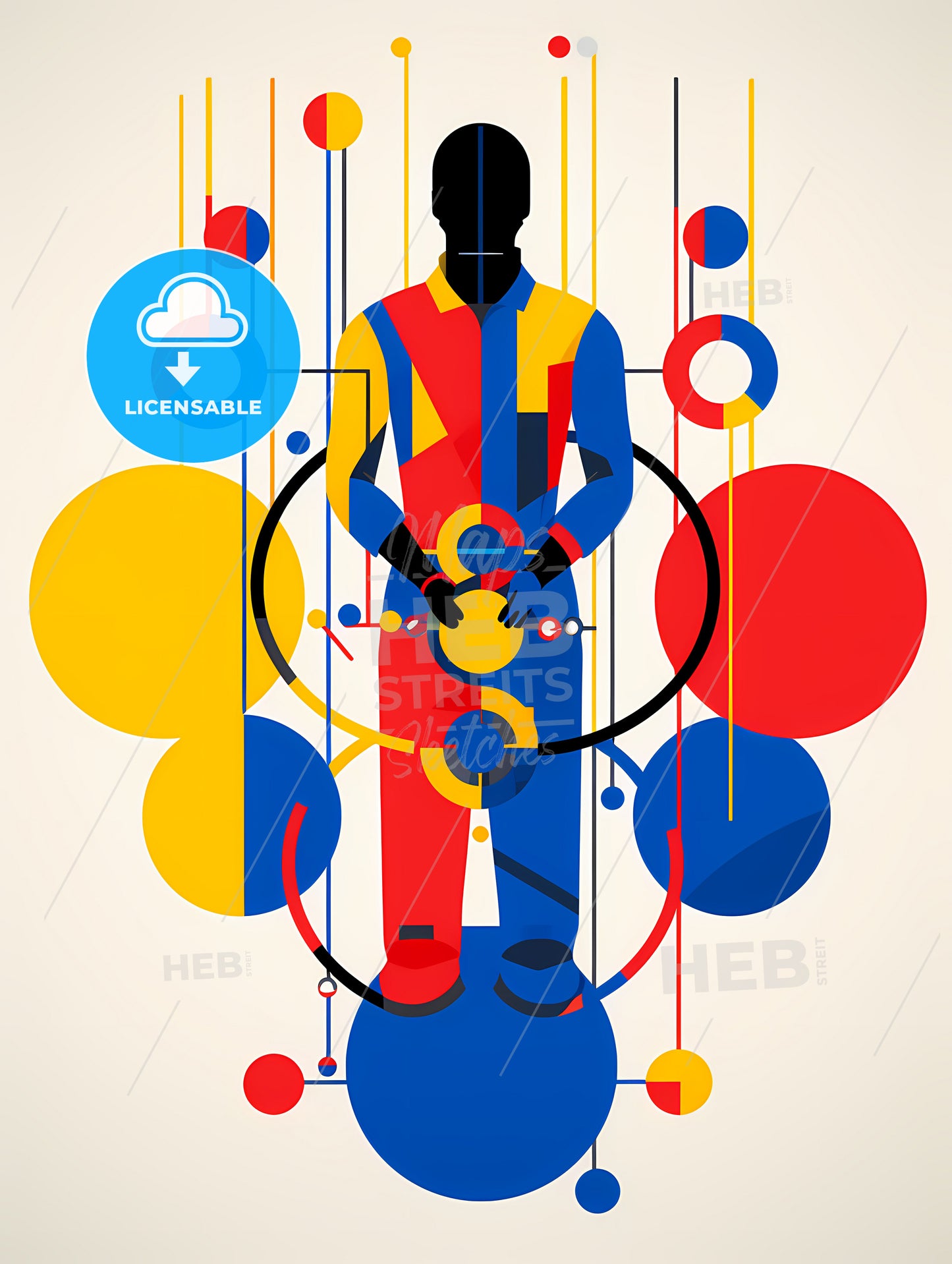Minimalist Mechanic Art, A Man Standing In Front Of Colorful Circles