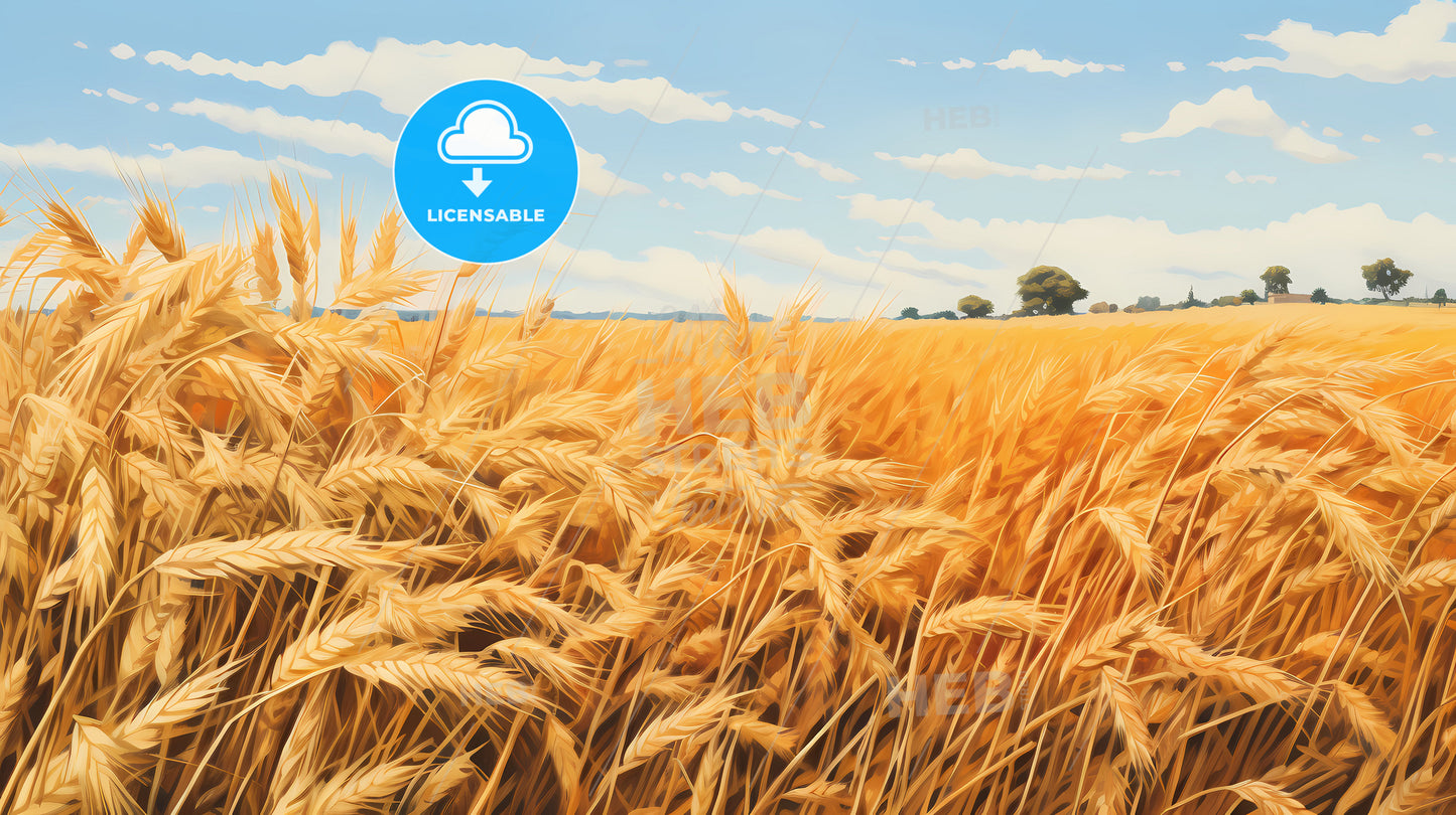 A Field Of Orange Wheat, A Field Of Wheat With Trees In The Background