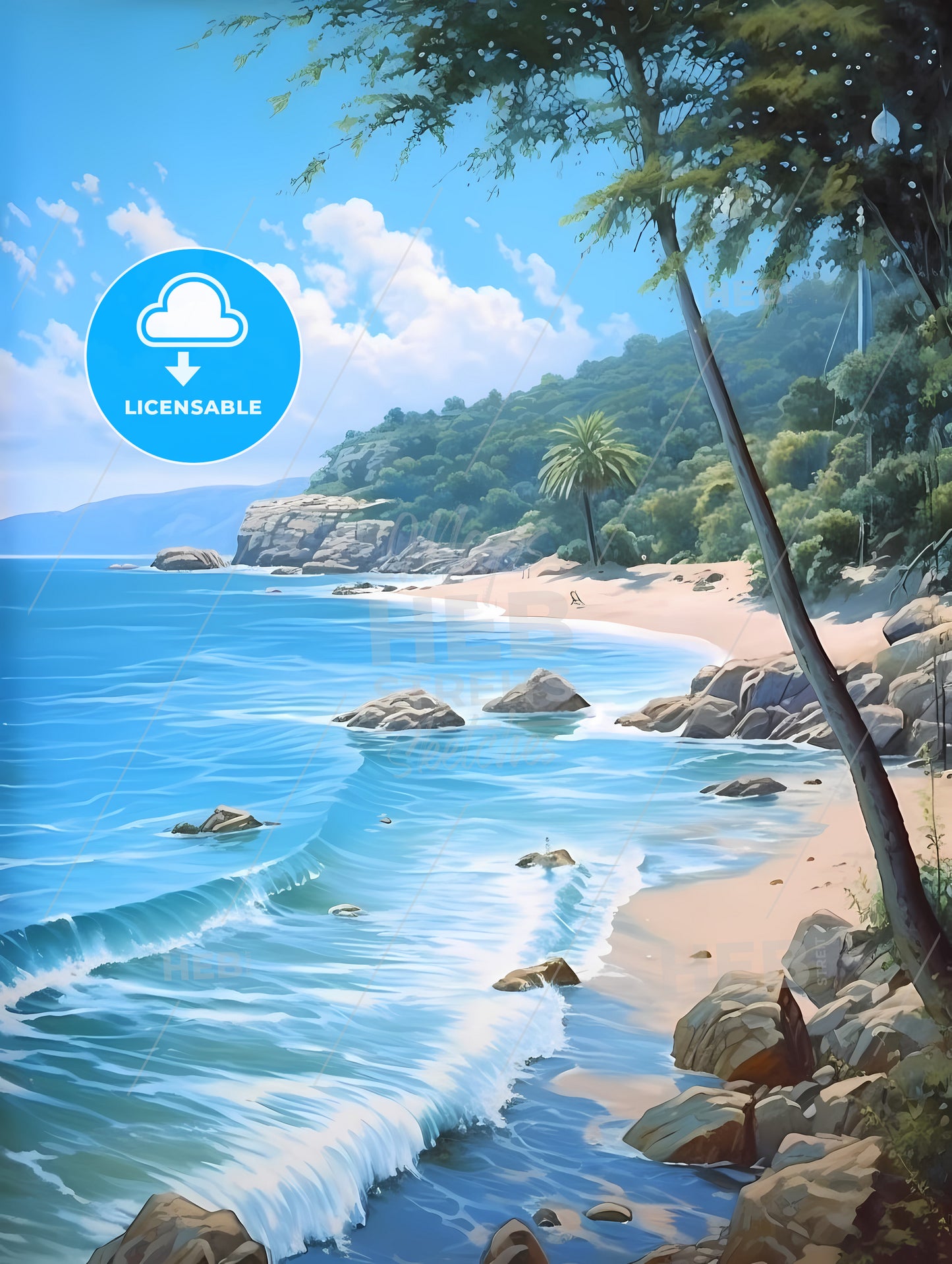 Azure Coast Beautiful Seashore, A Beach With Palm Trees And Rocks