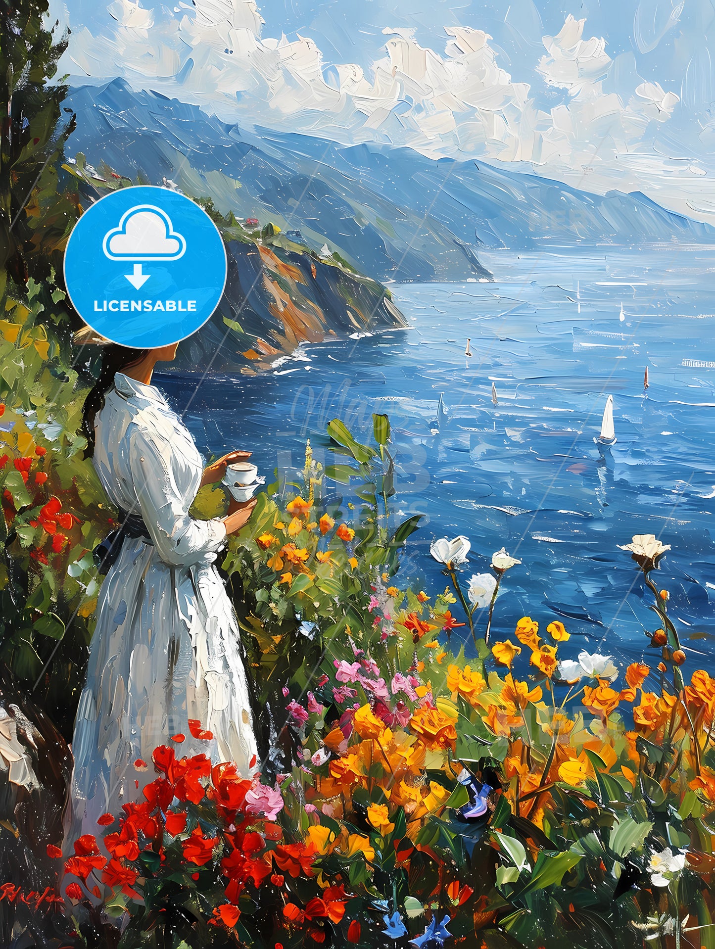 A Beautiful Woman Is Drinking Coffee, A Woman In A Hat Holding A Cup By A Body Of Water