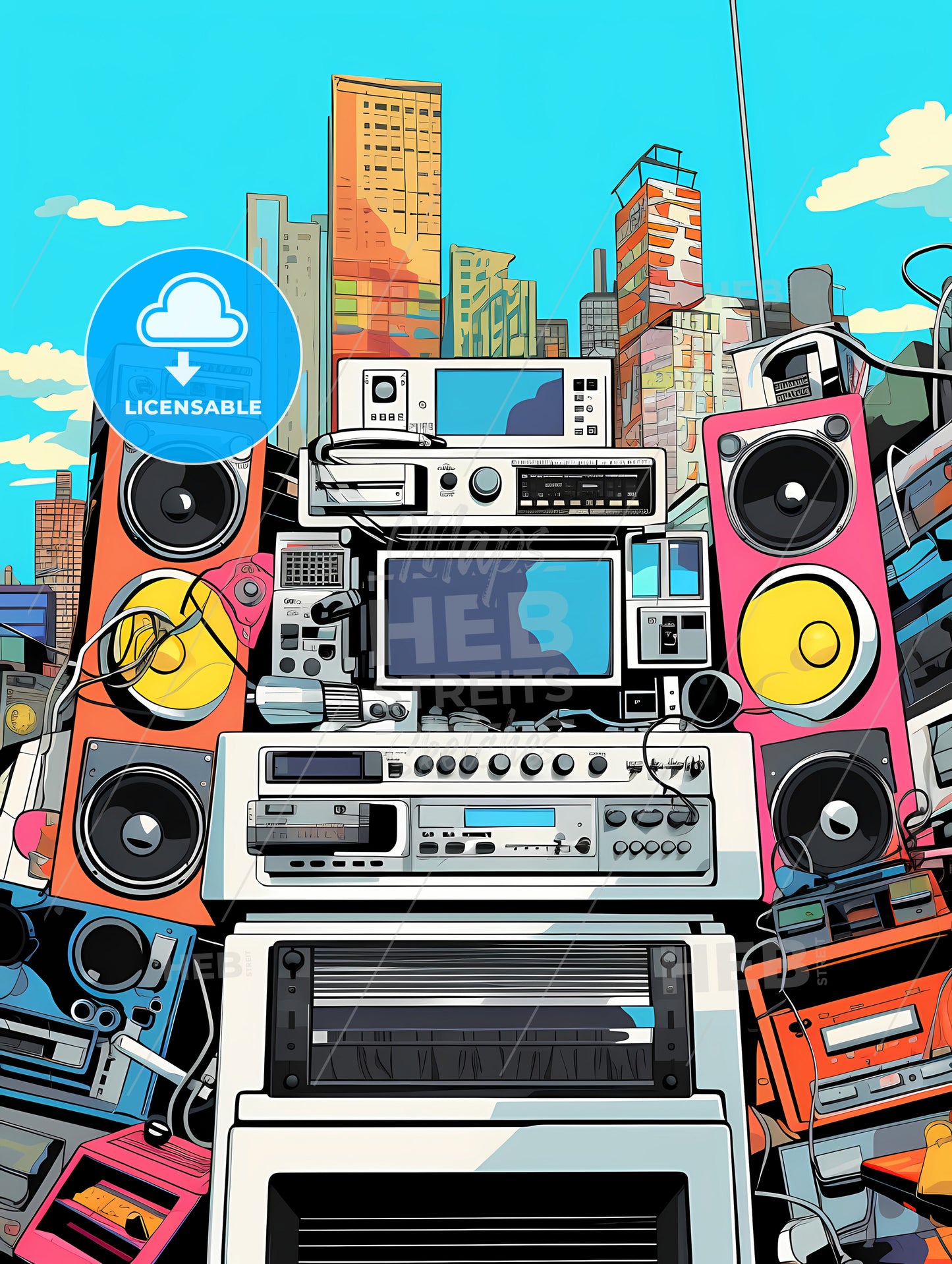 An Illustration Of 80S Rap Song, A Group Of Speakers And A Stereo