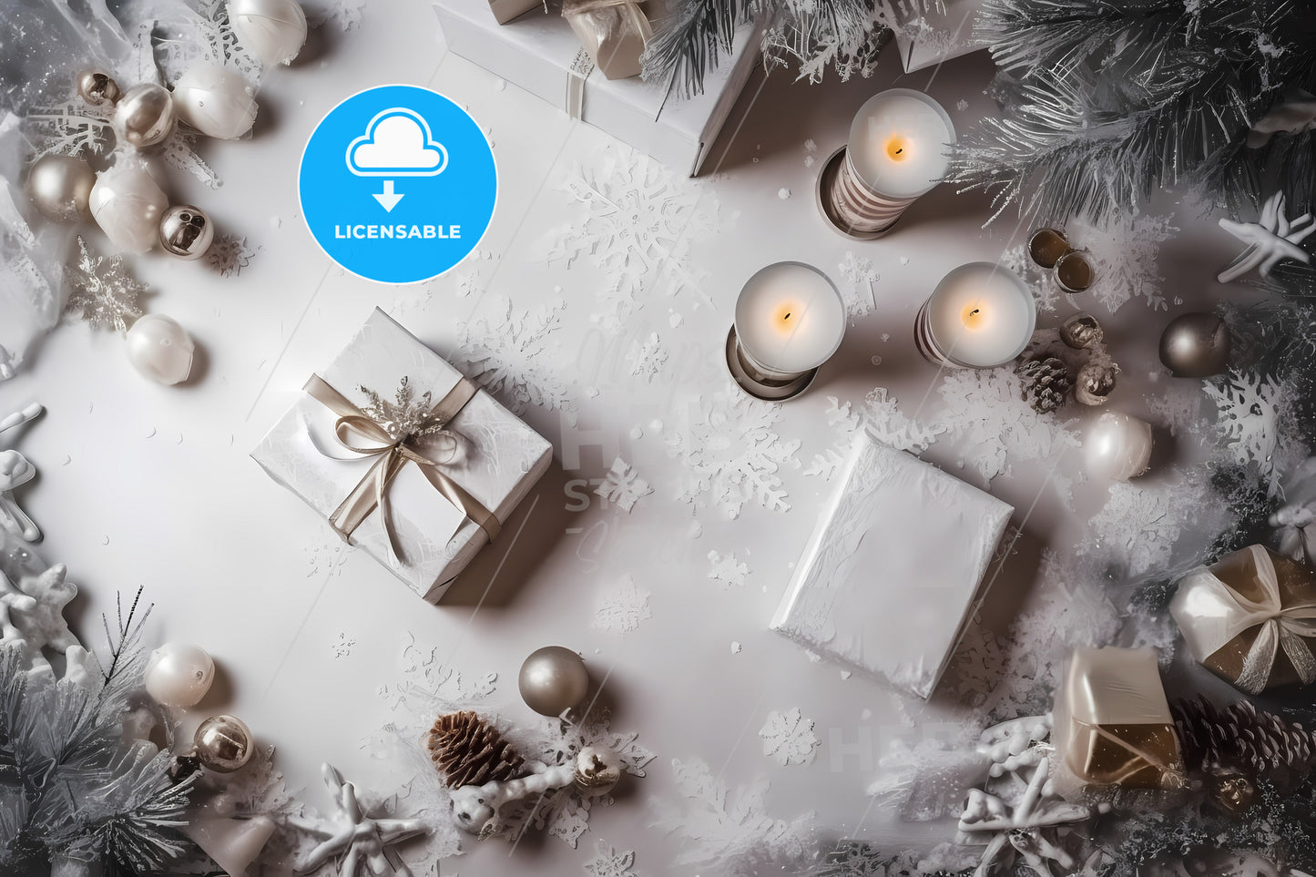 Top View Of Snowed Table, A Group Of Presents And Candles