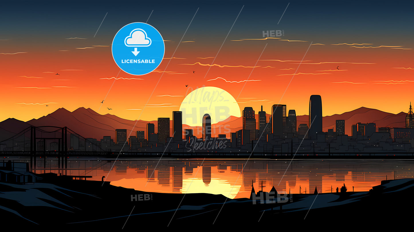 Illustration Of La Skyline, A City Skyline With A Sunset Behind It
