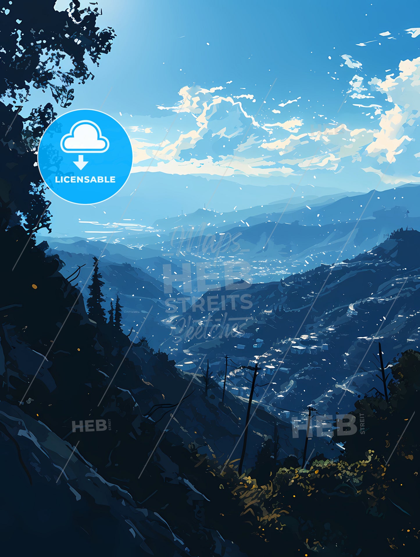 Hollywood California Skyline, A Landscape Of A Valley With Trees And Mountains