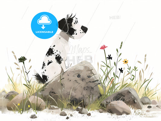 Cartoon Dog Soft And Gentle, A Dog Sitting On A Rock