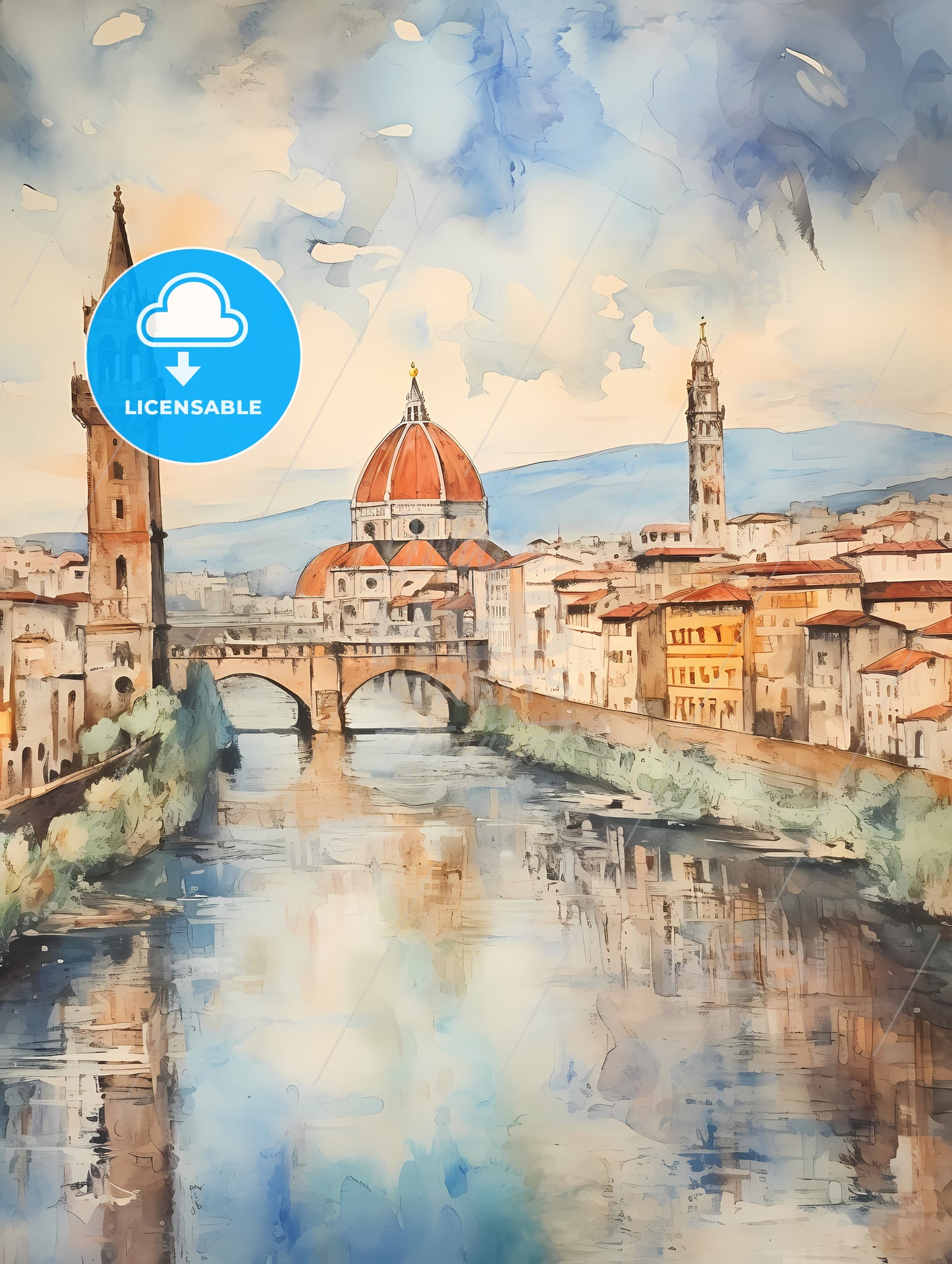 Paper Texture Background, Water With A Bridge And A Red Dome