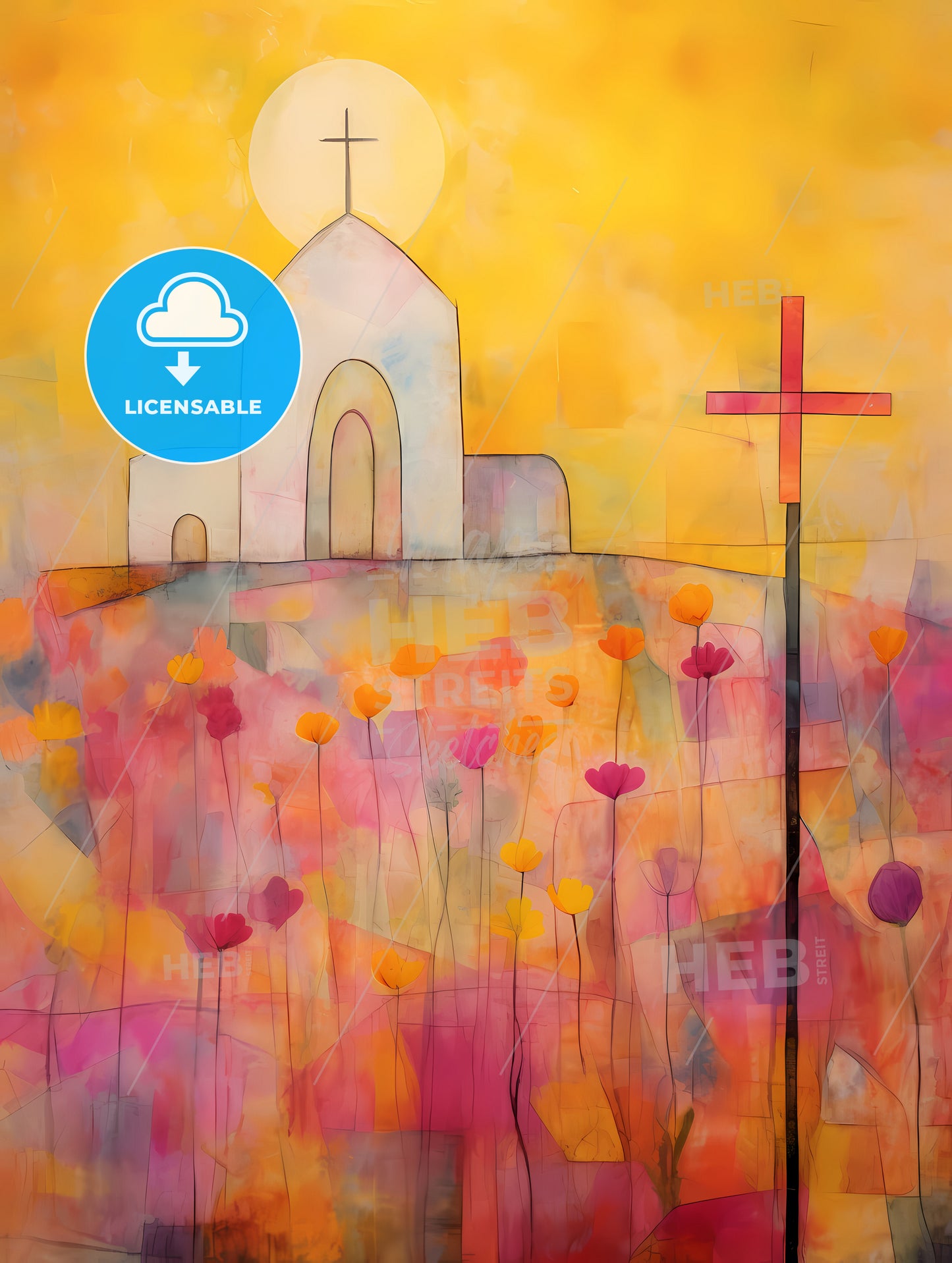 The Easter Church Painting, A Painting Of A Church And A Cross In A Field Of Flowers