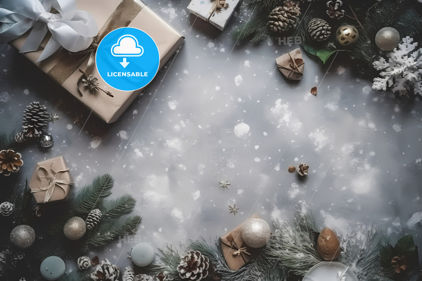 Top View Of Snowed Table, A Group Of Presents And Pine Cones