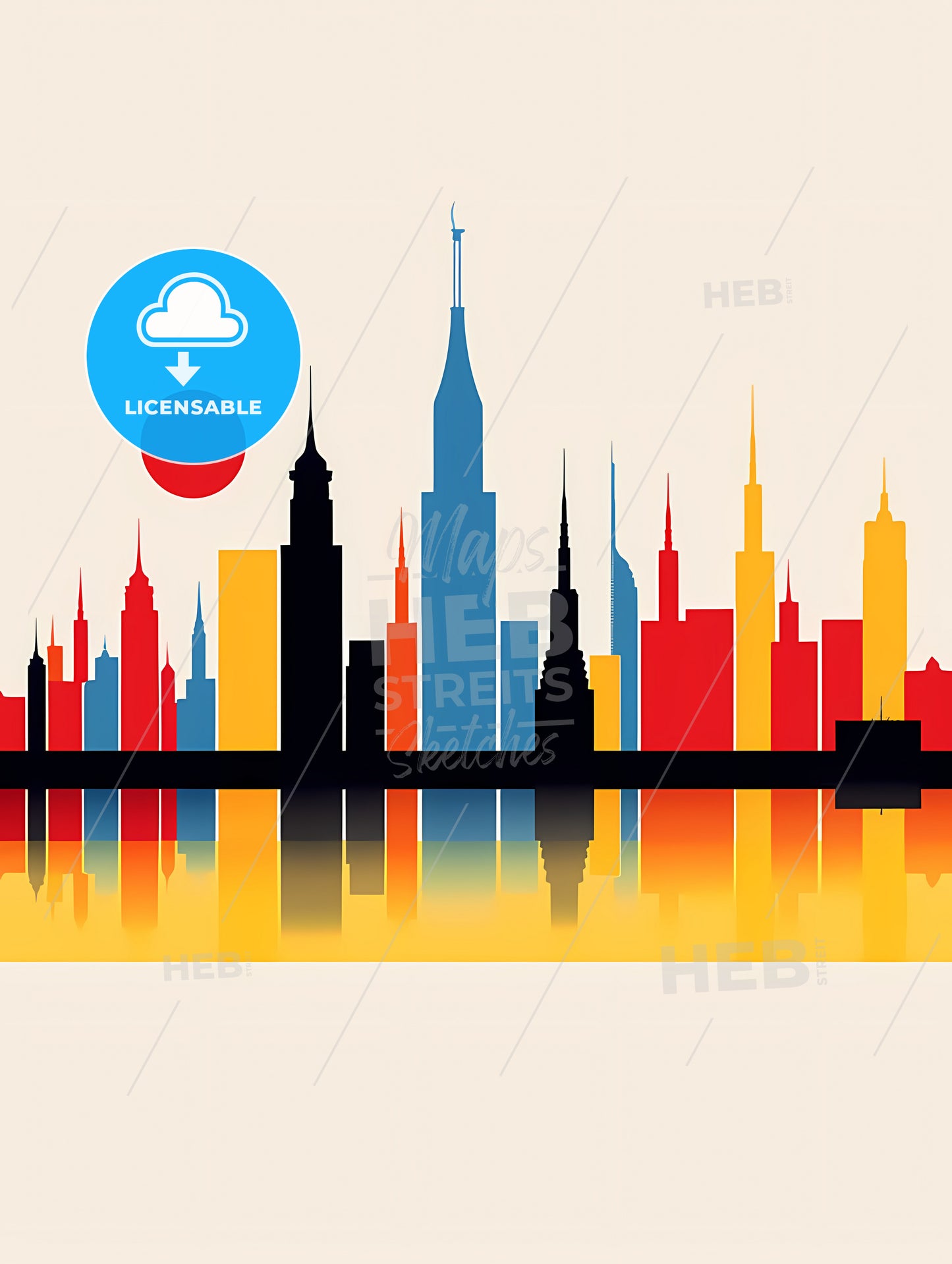 Minimalist Barcelona Skyline, A Colorful City Skyline With A Red Sun