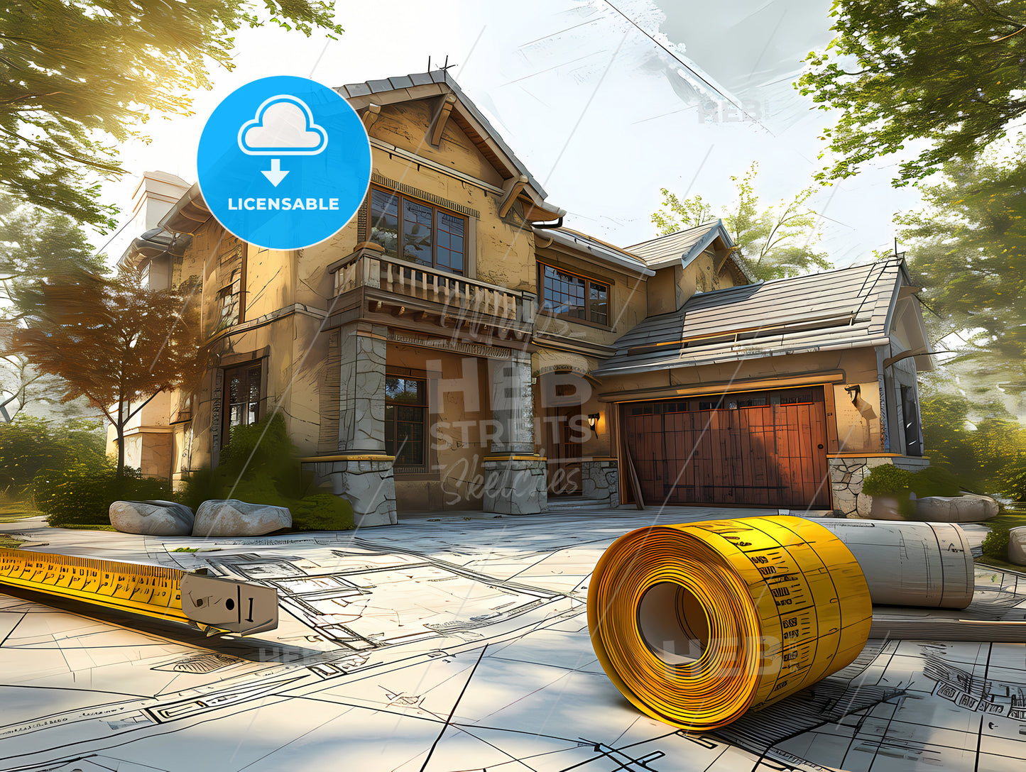 Steel Tape Measure On House Blueprints, A House With A Roll Of Measuring Tape