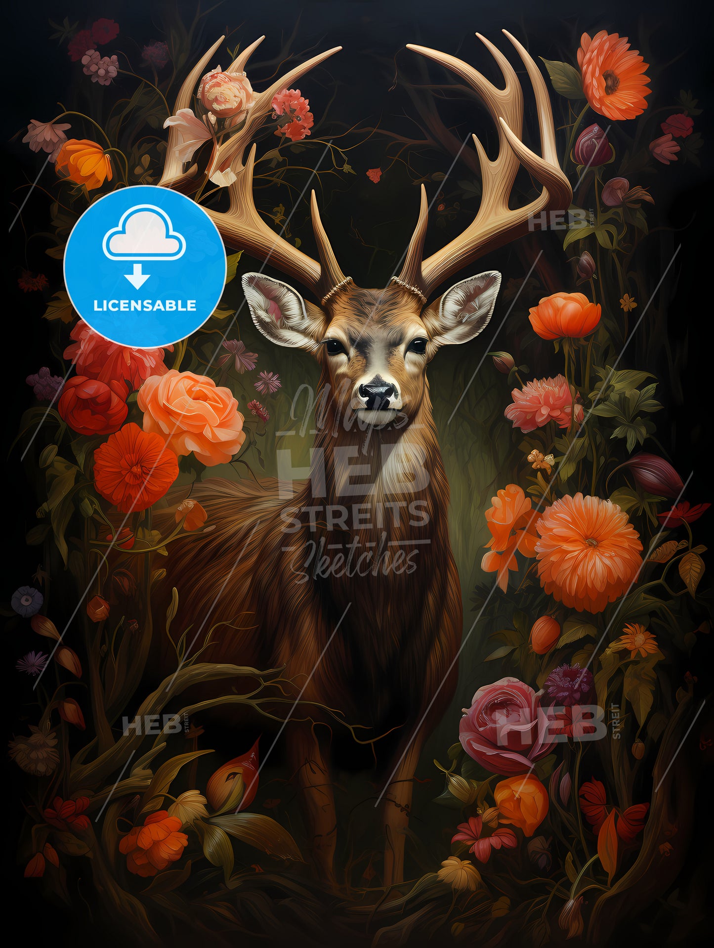 The Deer Is Standing By A Tree, A Deer In A Garden Of Flowers