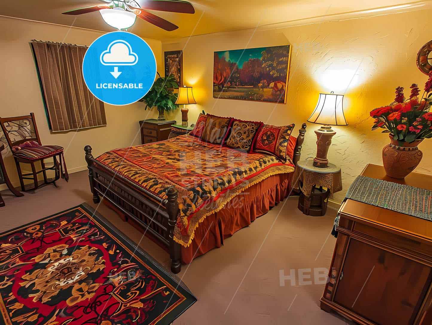 A Large Horizontal Picture On The Wall, A Bedroom With A Bed And A Fan