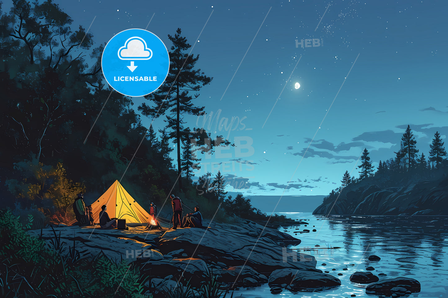 Family Camping And Fishing, A Group Of People Camping By A Lake