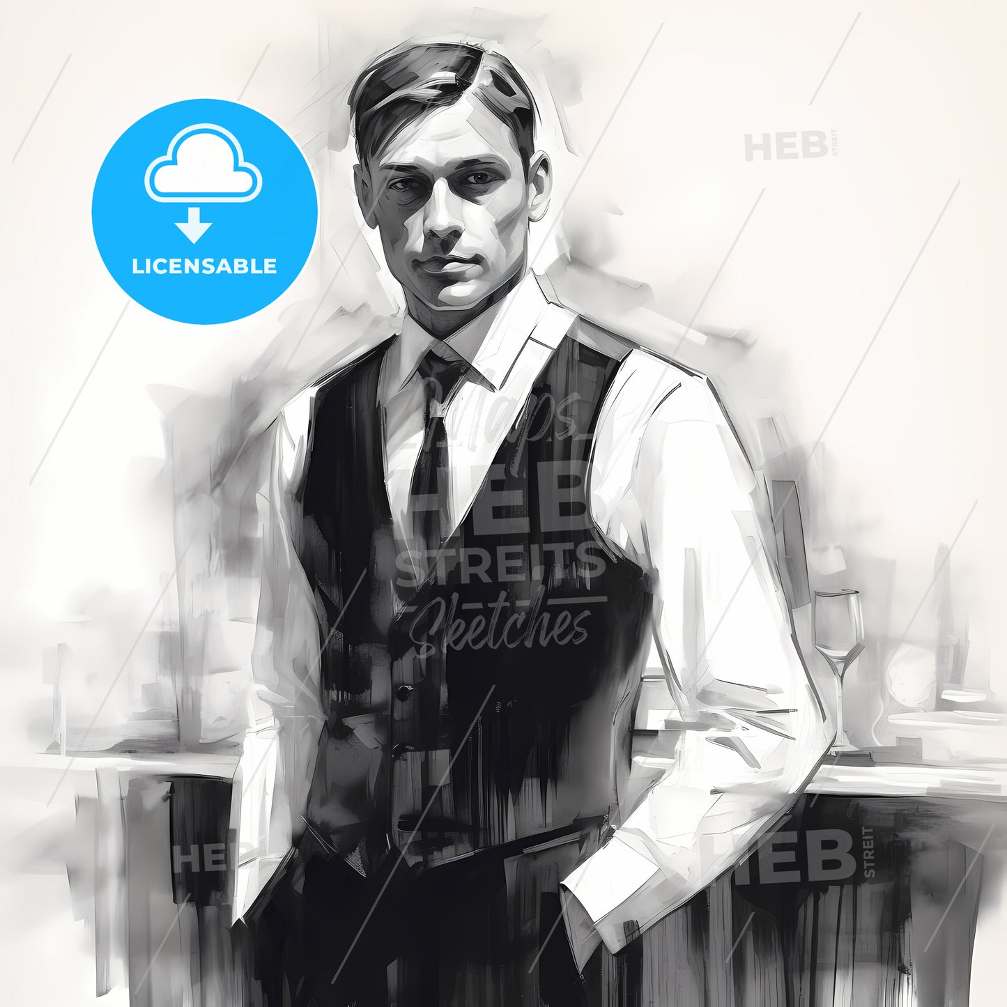 Black And White Pencil Sketch Of A Waiter, A Man In A Vest And Tie