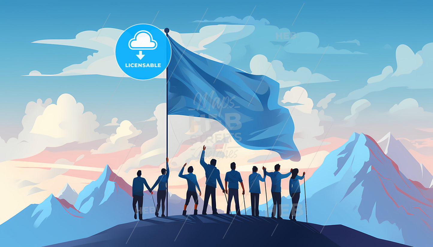 Close View On A Team, A Group Of People Holding A Flag