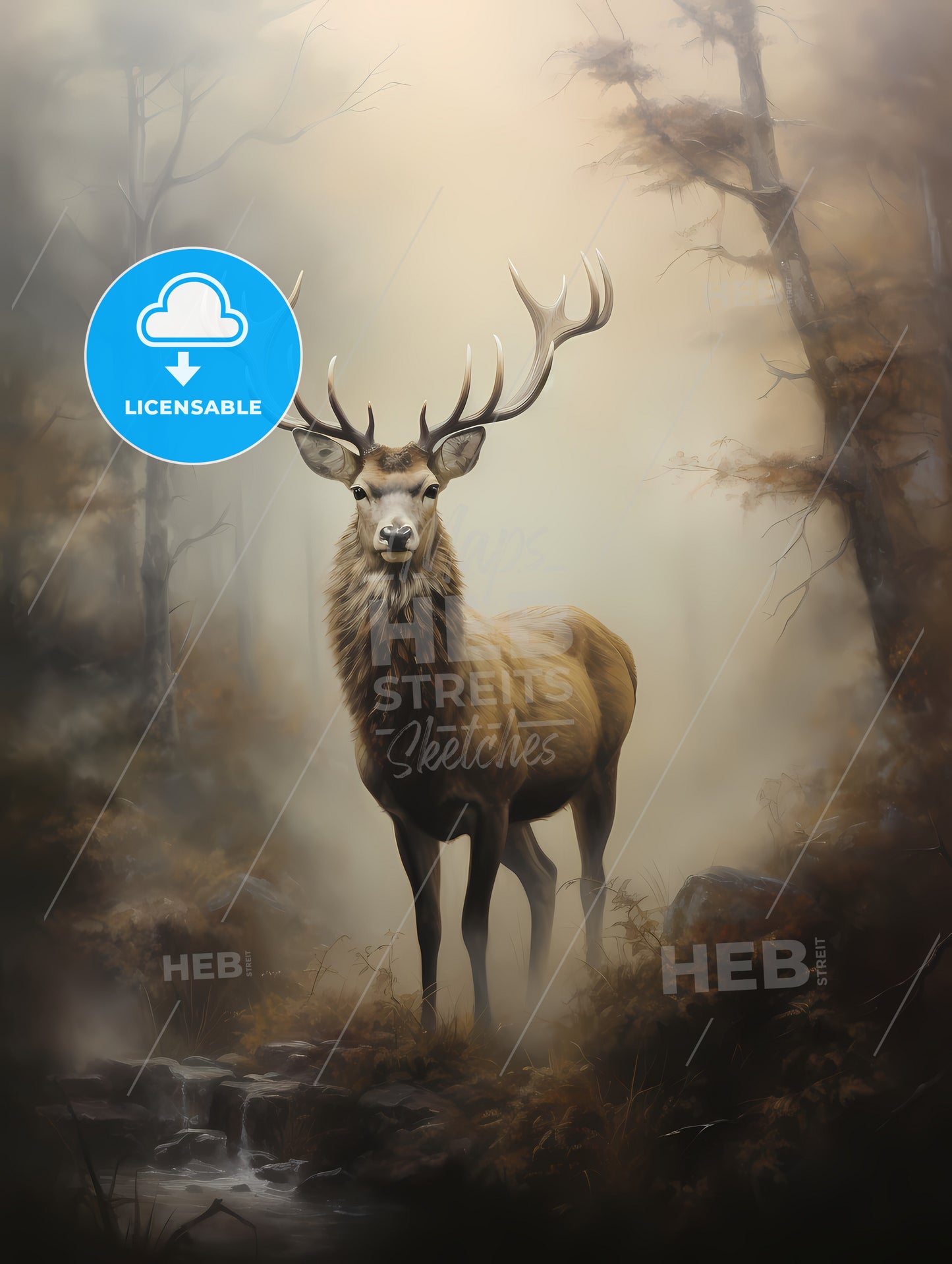 An Elk Is Standing On A Fog, A Deer With Antlers Standing In A Forest