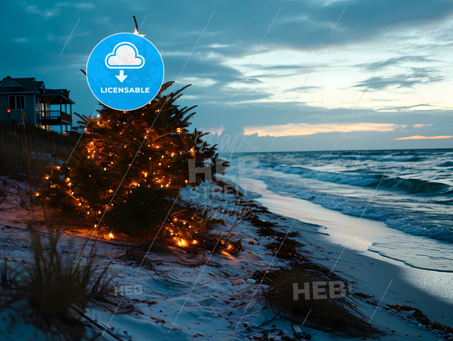 Christmas Tree Standing Straight With Lights, A Tree With Lights On A Beach