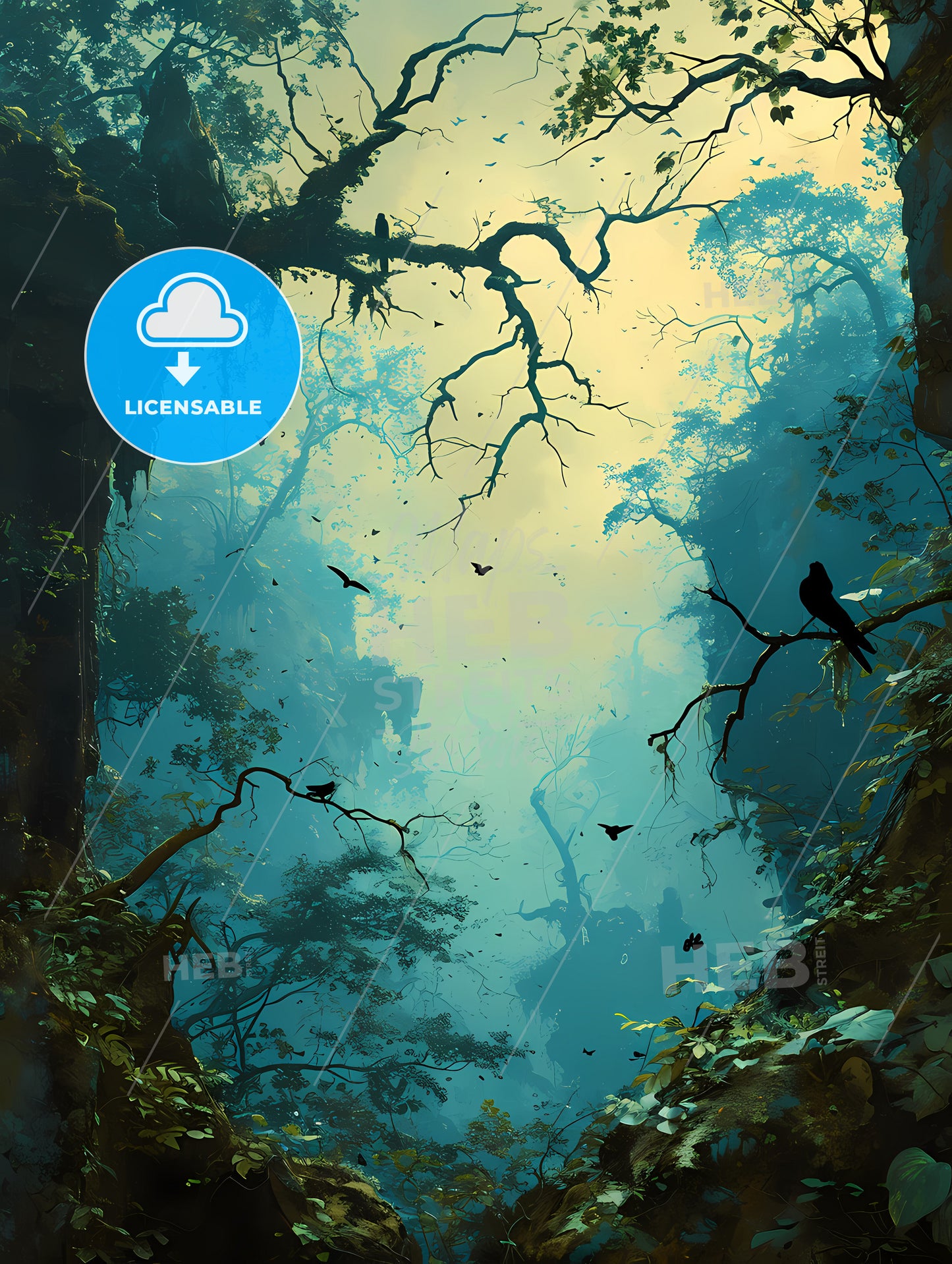 Graphic Design Art Nouveau, A Group Of Birds In A Forest