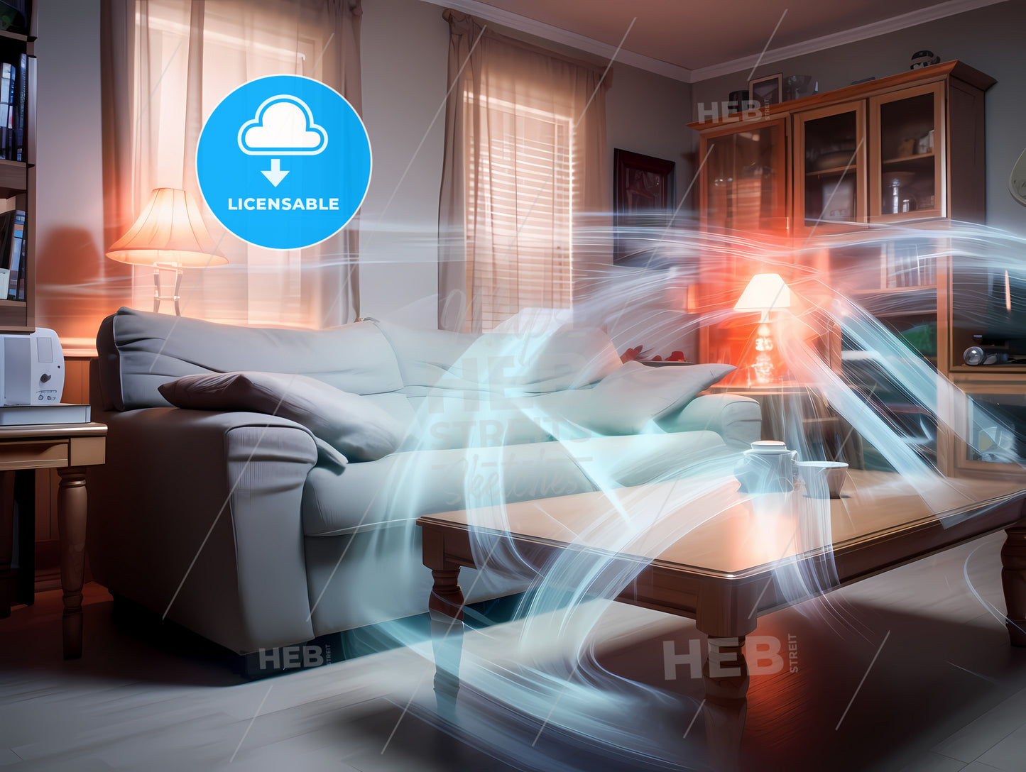 In The Living Room, A Living Room With A Couch And A Table