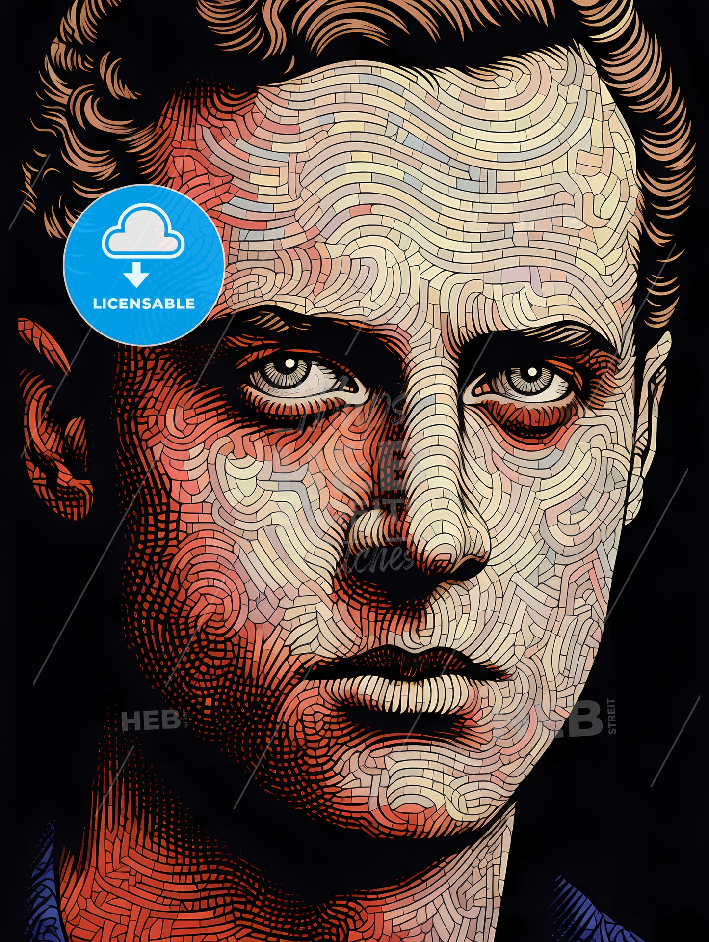 Line Drawing Of Handsome Masculine Face, A Man With Curly Hair