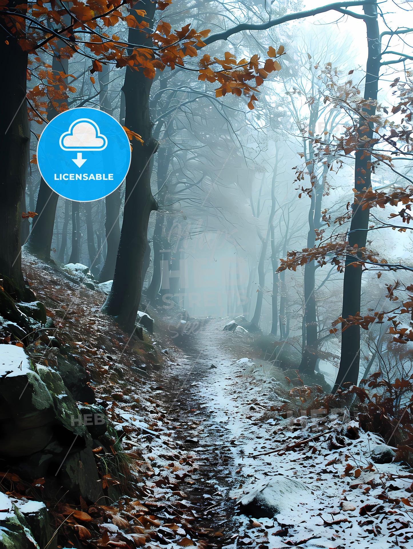 Winter Forrest, A Path Through A Forest With Snow On The Ground
