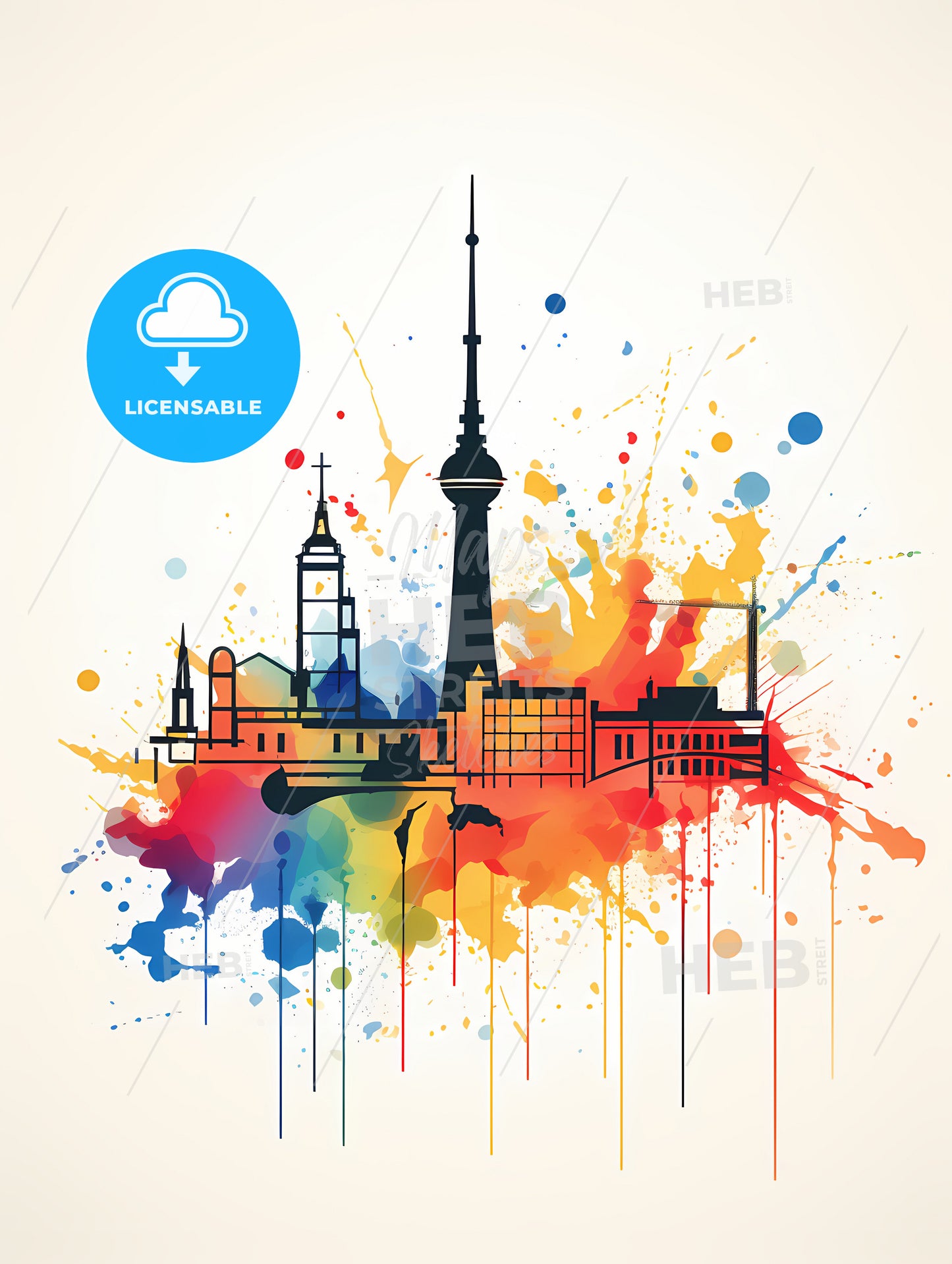 Minimalist Berlin Skyline Line Art, A Colorful Cityscape With A Tower