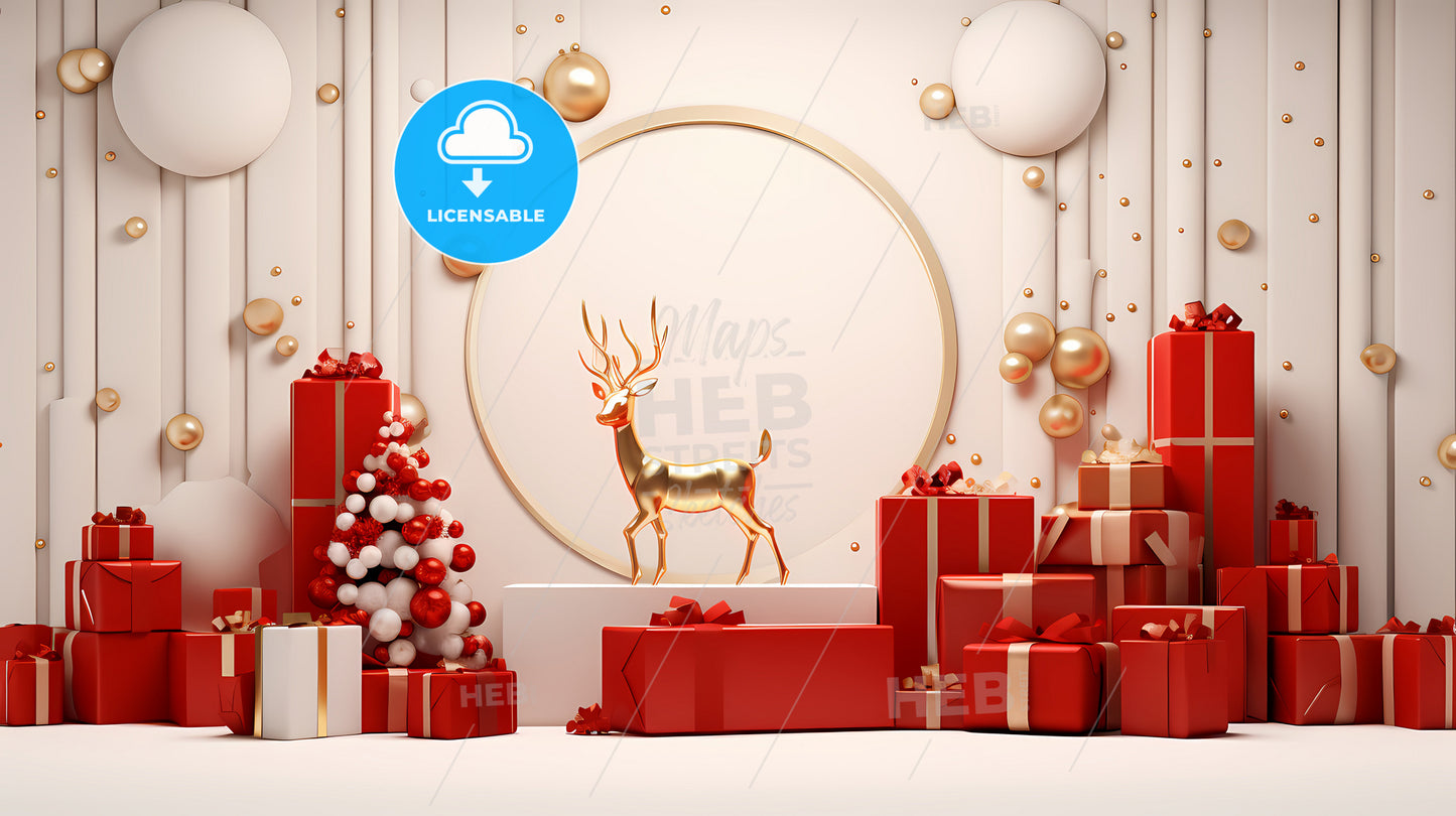 Red Christmas With Golden Gifts, A Group Of Presents And A Deer